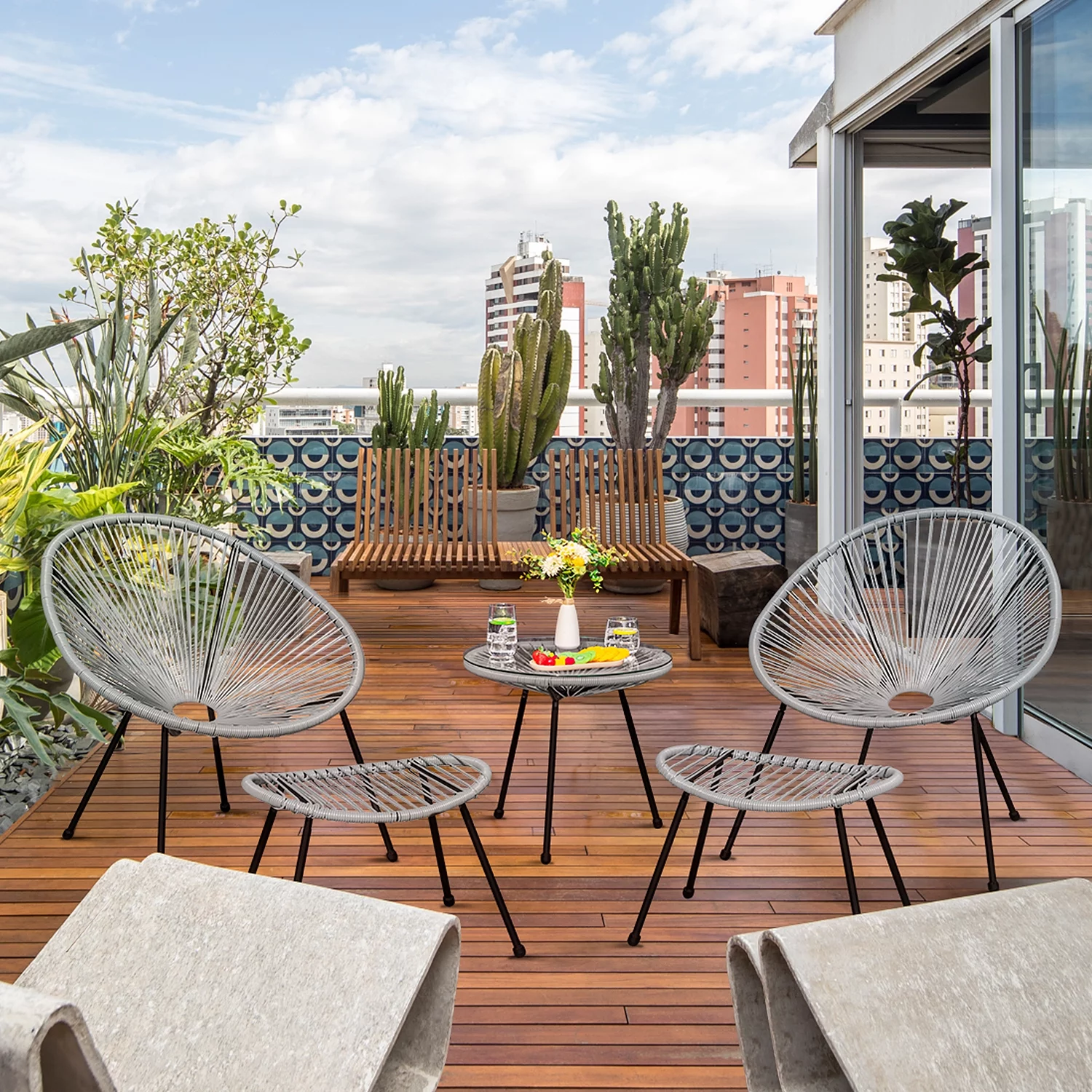 Devoko 5 Pieces Patio Conversation Set Acapulco PE Rattan Furniture Outdoor Indoor All-weather Woven Rope Chair Set with Coffee Table, Gray