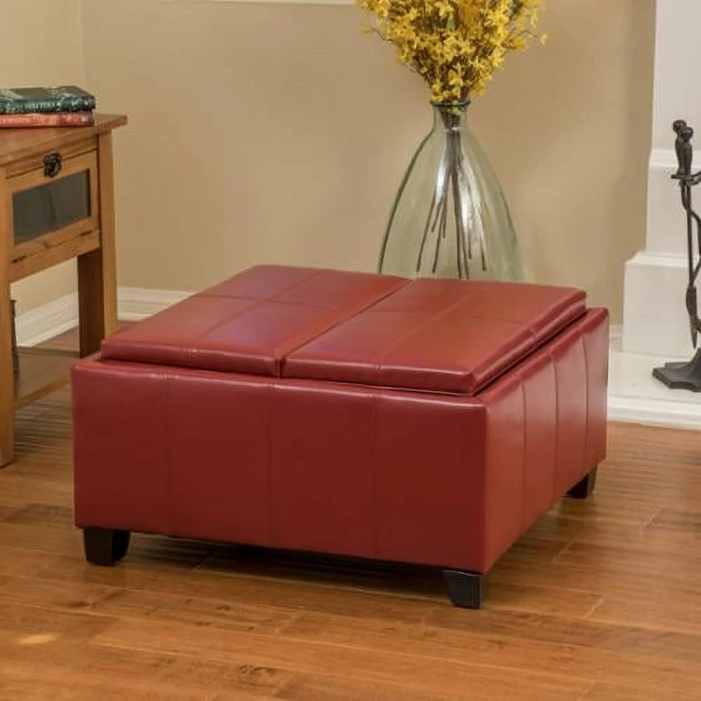 GDF Studio Gunner Contemporary Faux Leather Tray Top Storage Ottoman, Red and Dark Brown