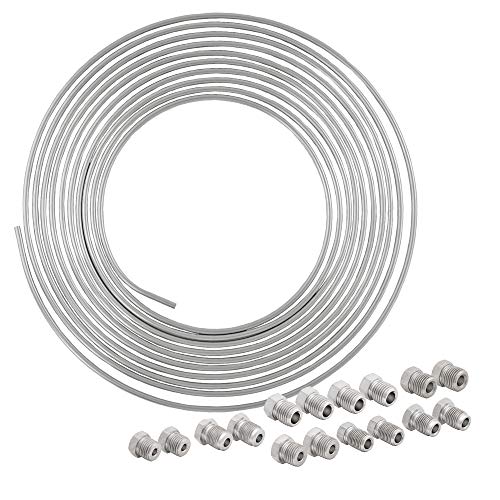 4LIFETIMELINES 25 ft 3/16 316L Marine Grade Stainless Steel Brake Line Replacement Tubing Coil and Fitting Kit, 16 Fittings Included, Inverted Flare, SAE Thread, 0.028 inch wall thickness
