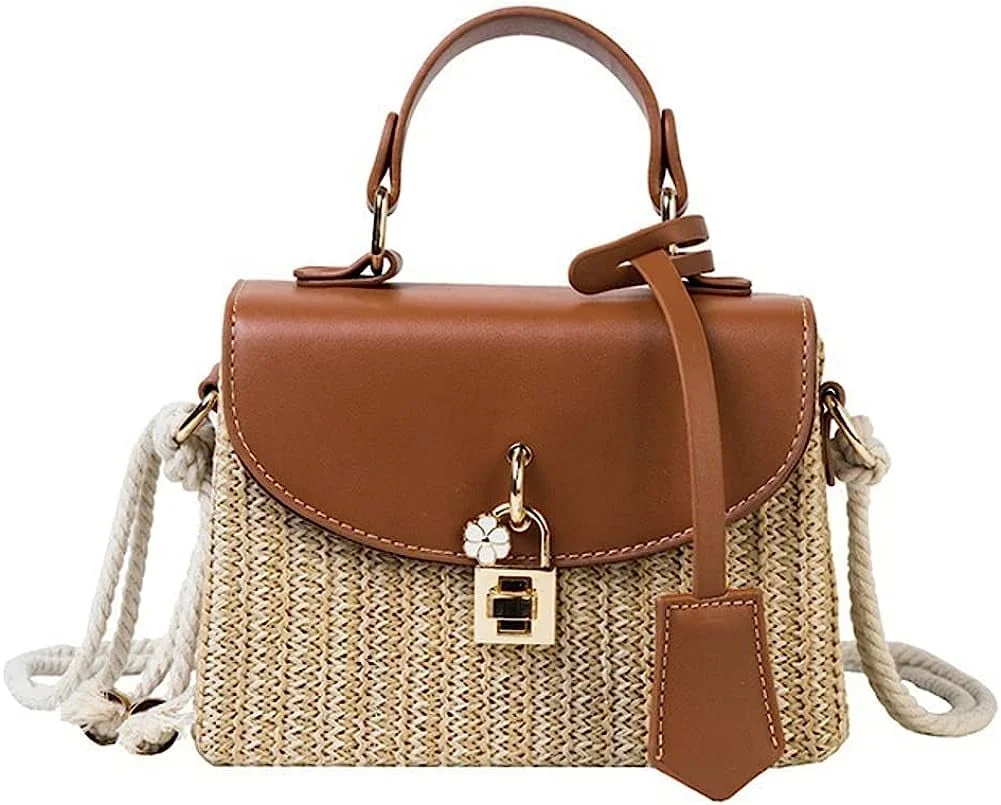 Straw Crossbody Bag for Women Hand Woven Shoulder Bag Leather Top Handle Small Boho Purse Rattan Beach Handbags