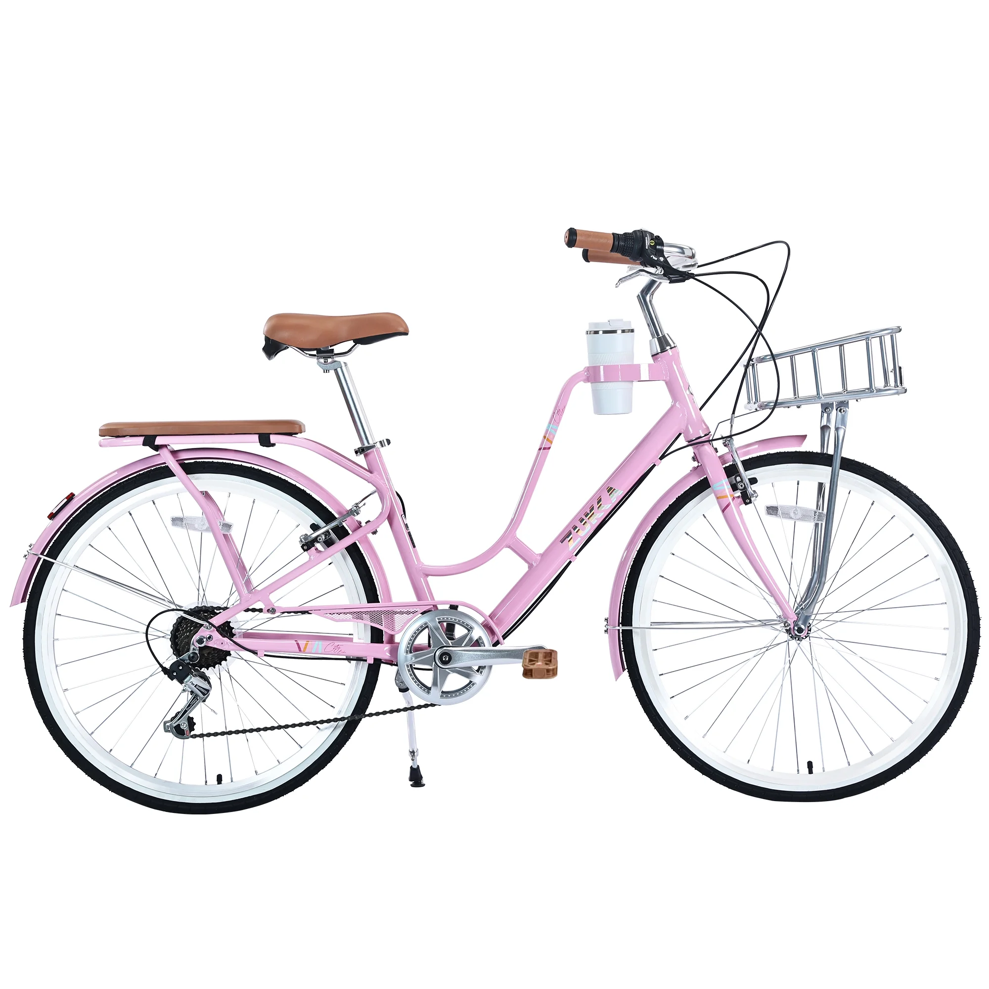 Zukka Cruiser Bike Coffee Bicycle 26 inch Women Ladies 7 Speed Bike for Shopping Pink