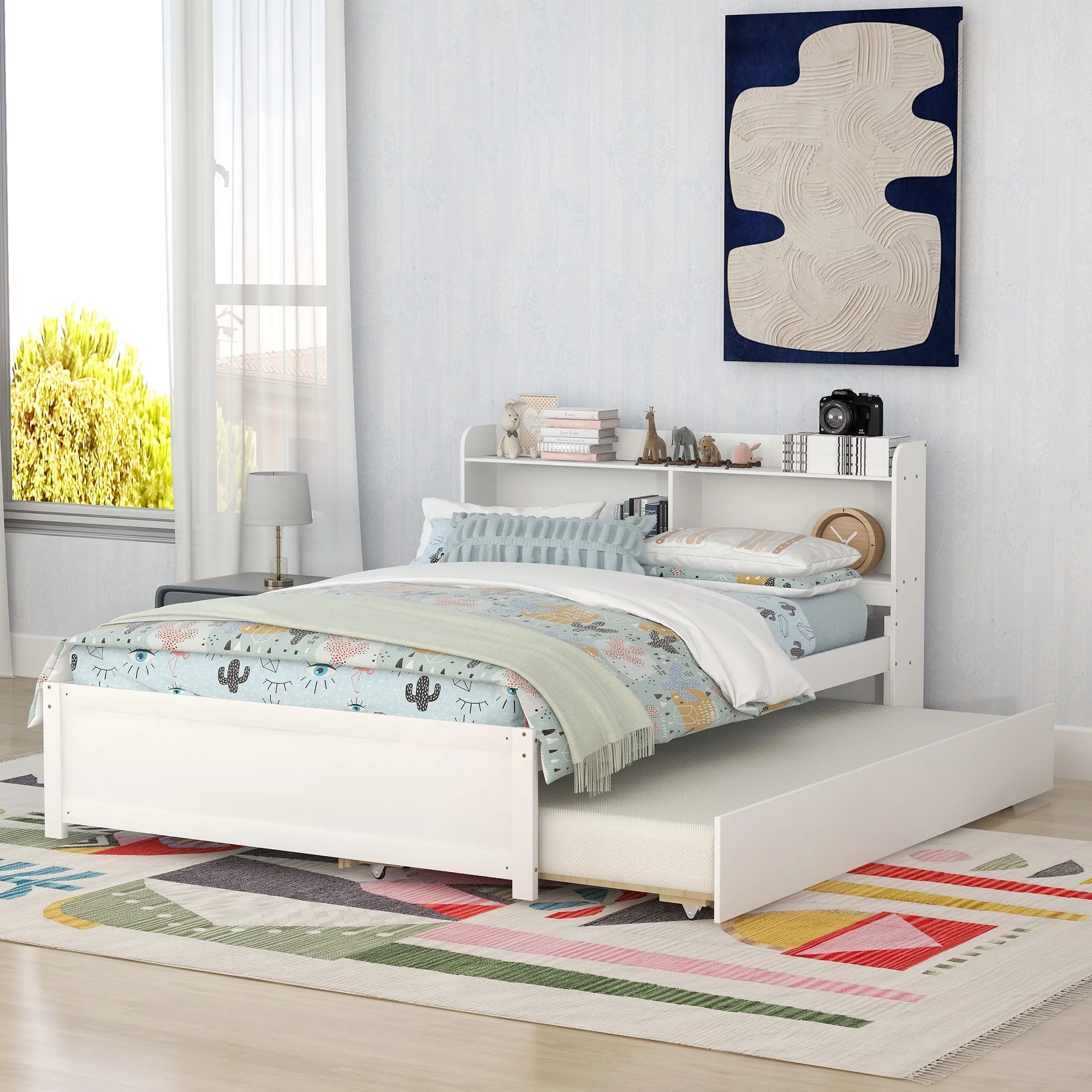 Full Trundle Bed with Bookcase Headboard, Wood Full Size Platform Bed Frame for Kids Teens Boys Girls, No Box Spring Needed (White)