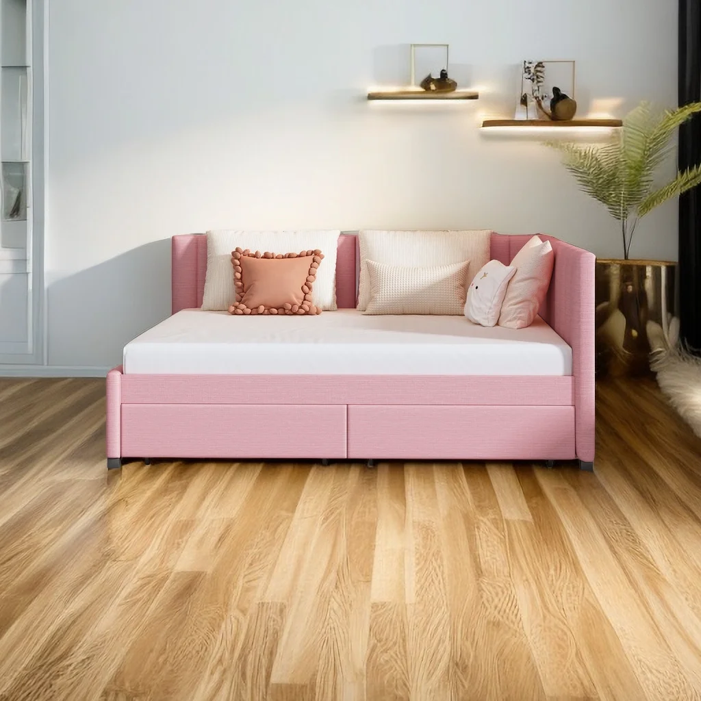 Full Size Daybed, Upholstered Full Daybed with 2 Storage Drawers, Linen Fabric Full Size Sofa Bed Frame, No Box Spring Needed