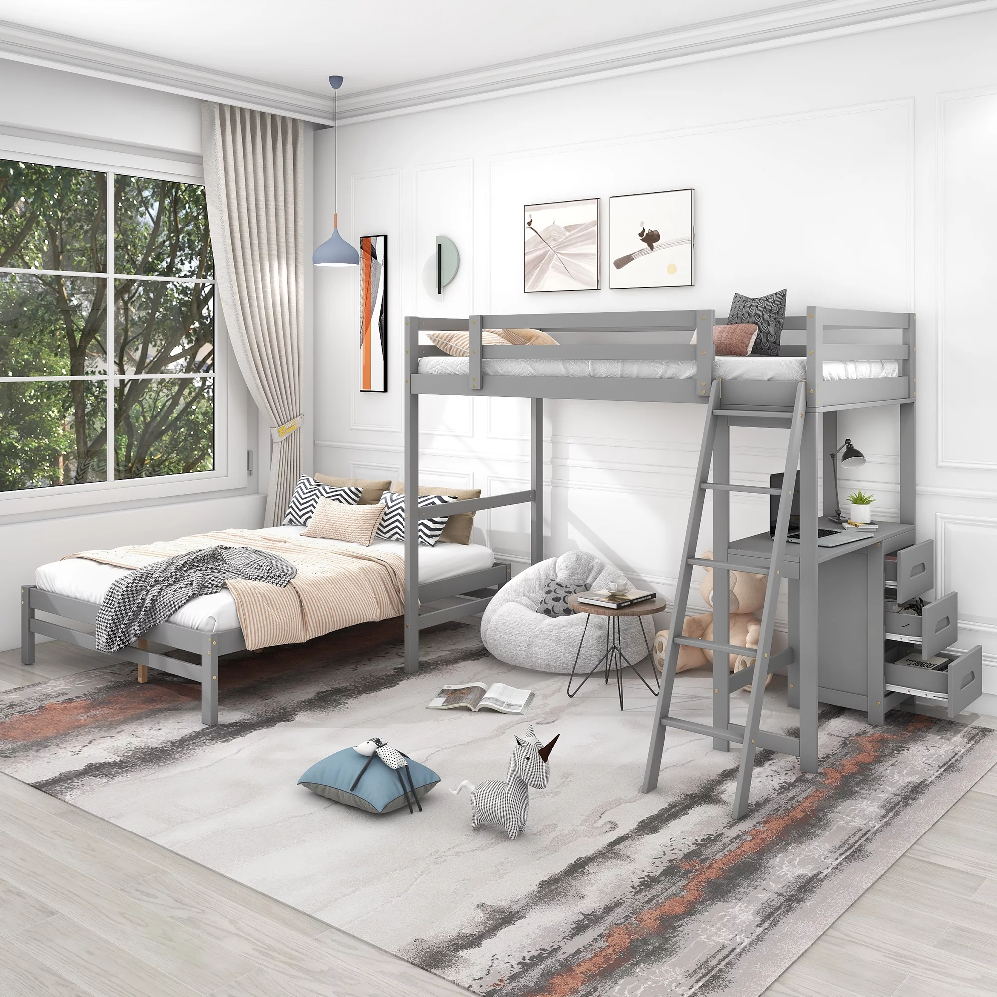 EUROCO Twin over Full Bunk Bed with Desk and Drawers for Kids Room, Gray