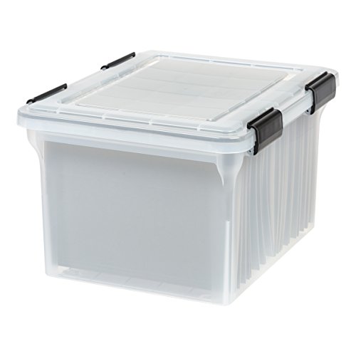 IRIS USA File Box WeatherPro File Organizer Plastic File Box for Letter/Legal File, Water Resistant Document Box, Durable Lid, Seal w/ Secure Latching Buckles, Stackable, Nestable, Clear 32 Qt. 4Pack