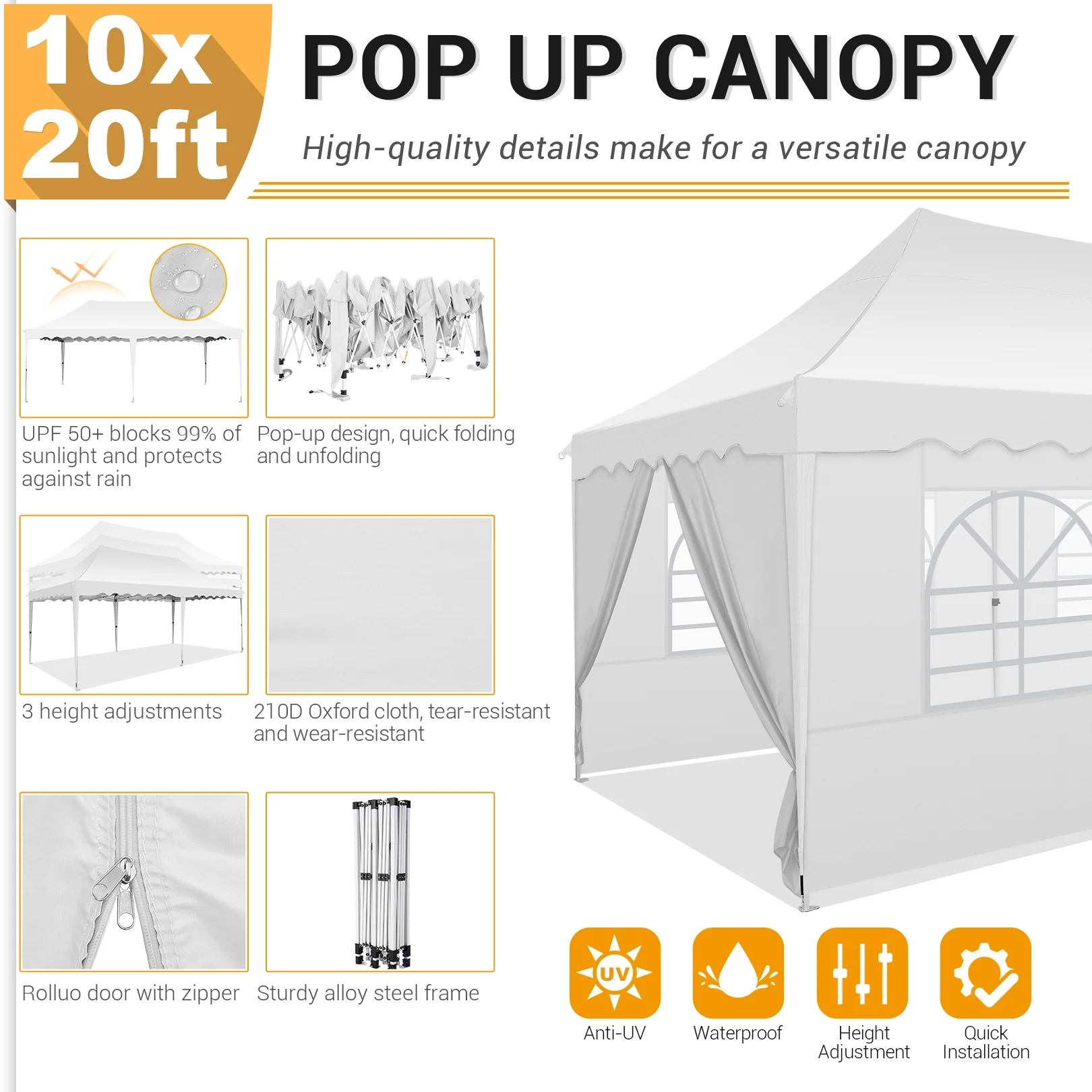 SANOPY Canopy 10' x 20' Pop Up Canopy Party Tent Heavy Duty Waterproof Adjustable Commercial Instant Canopy without 6 Removable Sidewalls Outdoor Party Canopy with Carry Bag, White