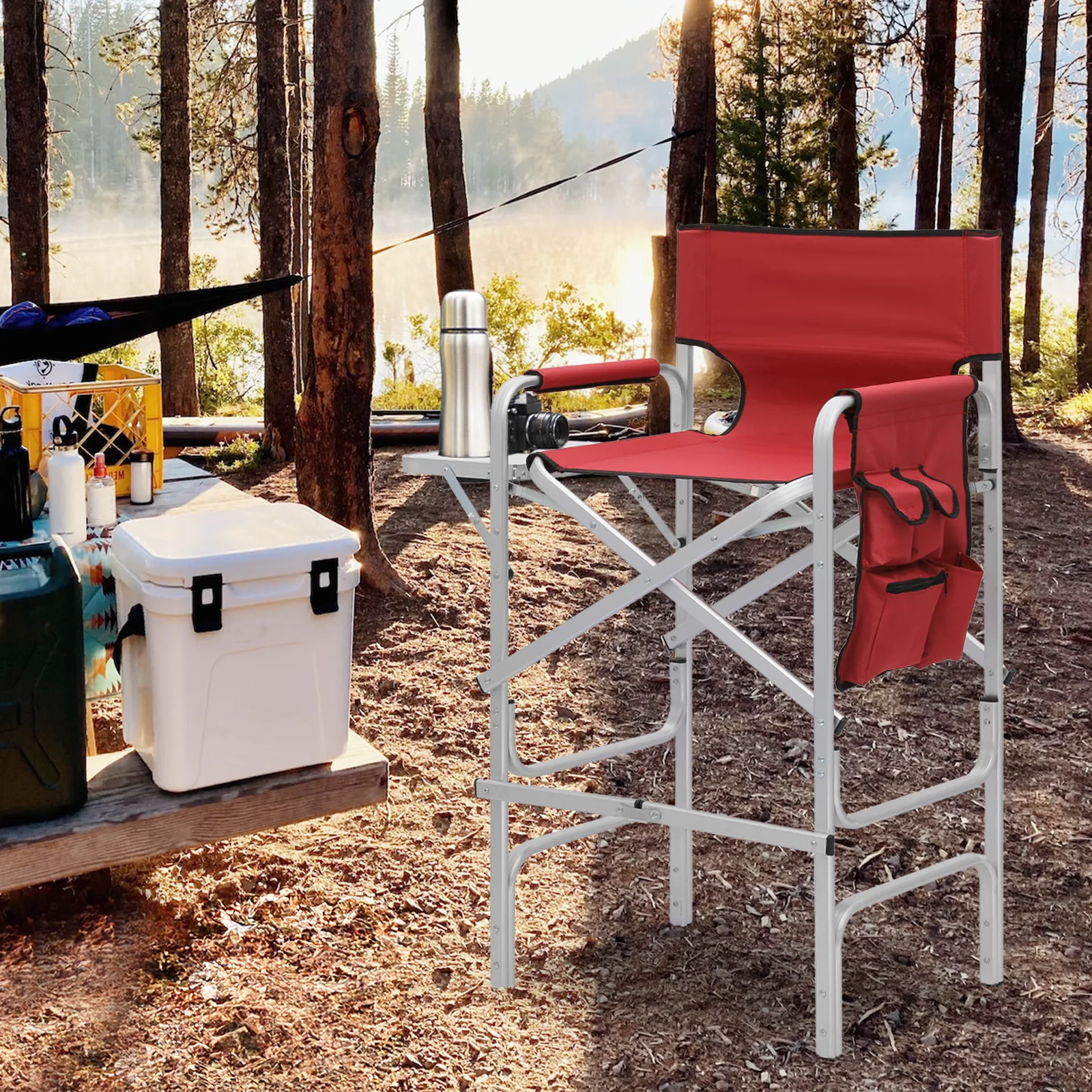 Magshion Foldable Camping Director Chair with Side Table & Storage Pocket, for Adult Beach, Fishing Trip Picnic Lawn Concert Outdoor, Red