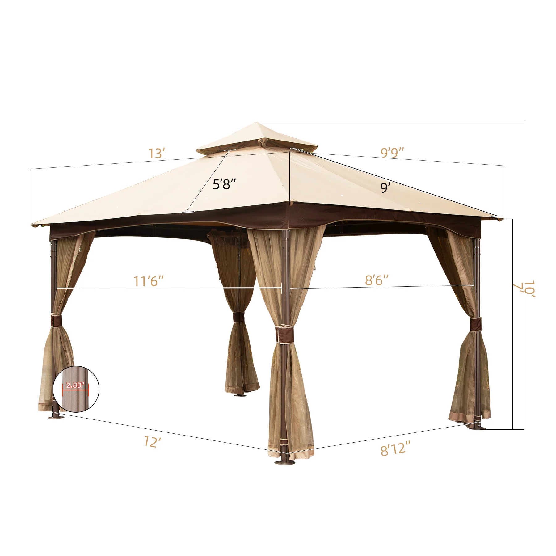 Domi Outdoor Living 10'x13'Patio Gazebo Outdoor Ventilation Double Roof Gazebo with Mosquito Netting for Patio,Lawn and Garden, Brown