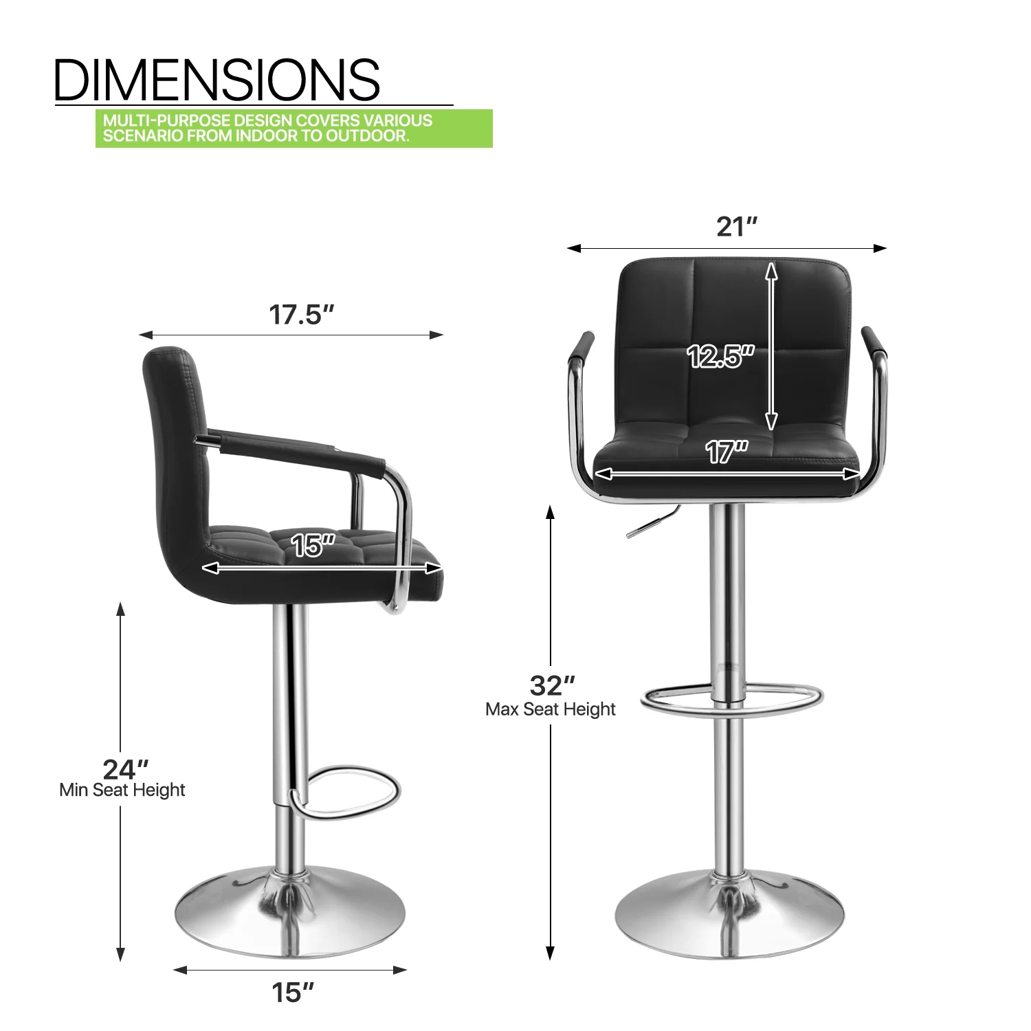 Magshion Swivel Bar Stool Set of 2, Adjustable Counter Height Barstools Faux Leather with Backrest and Armrest for Kitchen, Black