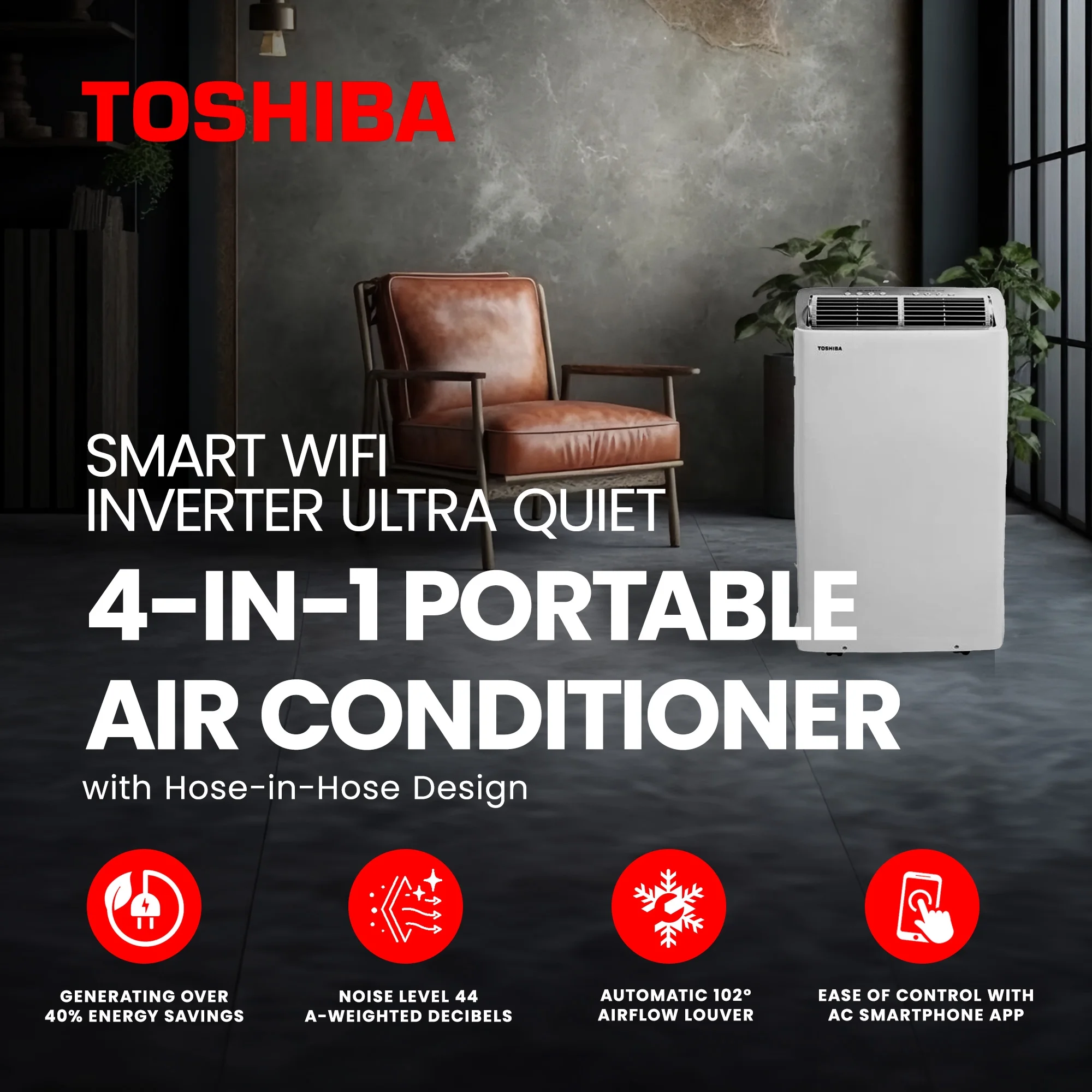 Toshiba Smart Inverter Portable Air Conditioner with Hose in Hose Design