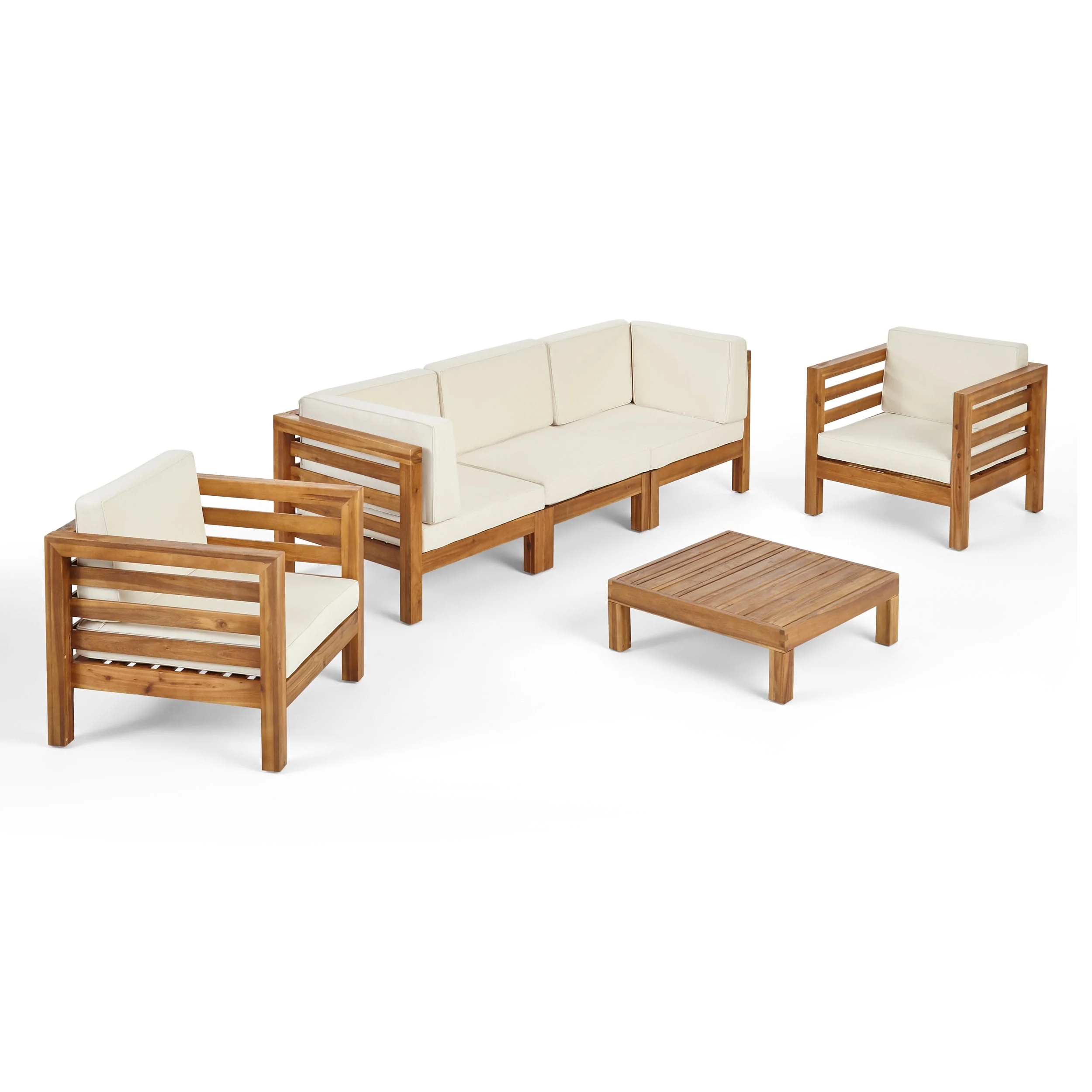 GDF Studio Cascada Outdoor Acacia Wood 5 Seater Sofa and Club Chair Chat Set with Cushions, Teak and Beige
