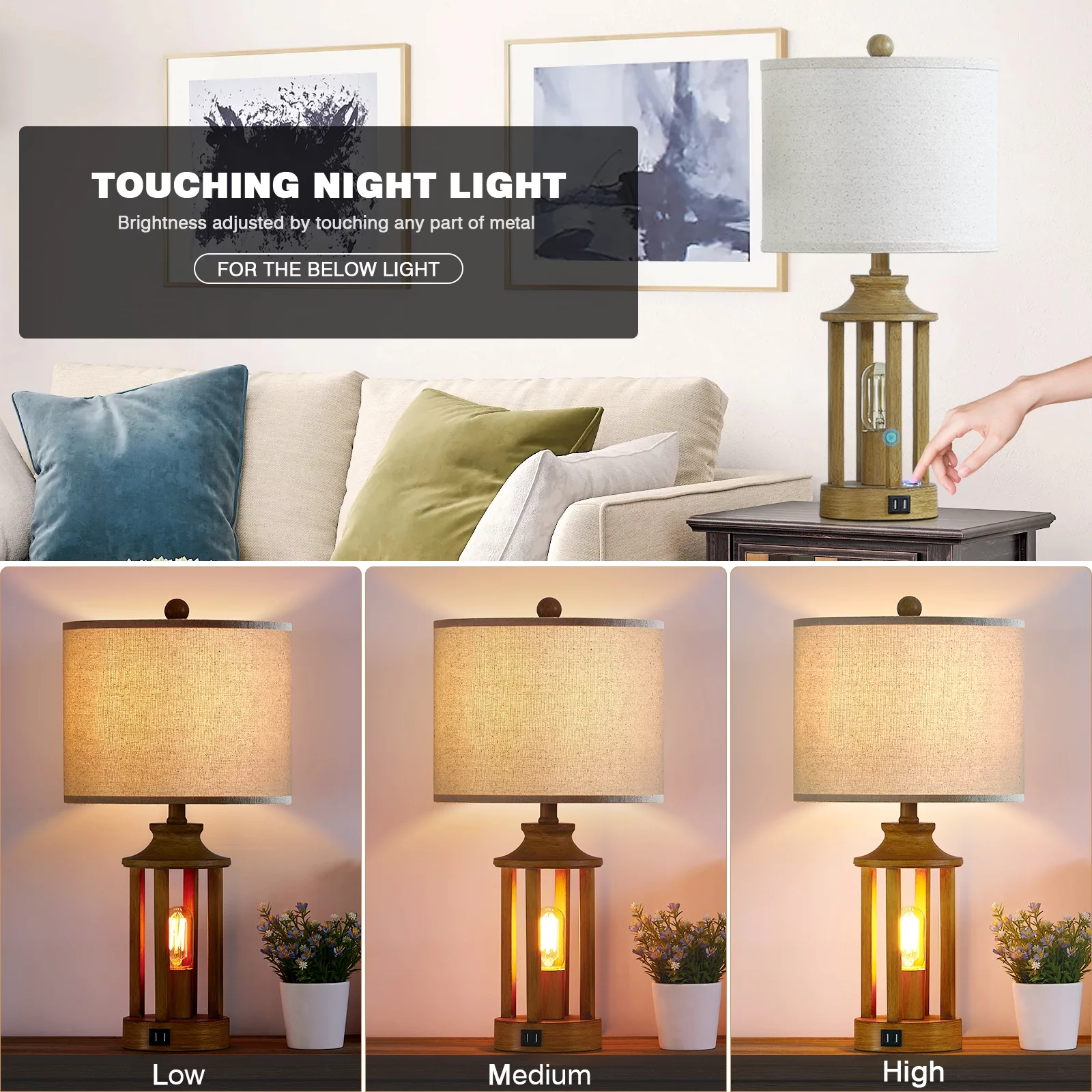 Cinkeda 3 Way Dimmable Touch Control Table Lamps Set of 2 with USB Ports Night Light 23.6