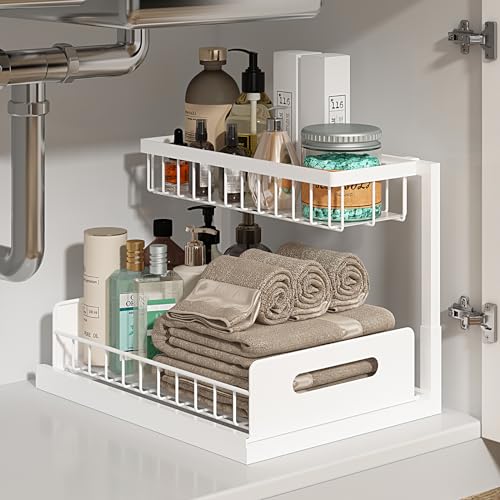 REALINN Under Sink Organizer and Storage, 2 Pack Pull Out Cabinet Organizer Slide Out Sink Shelf Cabinet Storage Shelves, Under Sink Storage for Kitchen Bathroom Cabinet