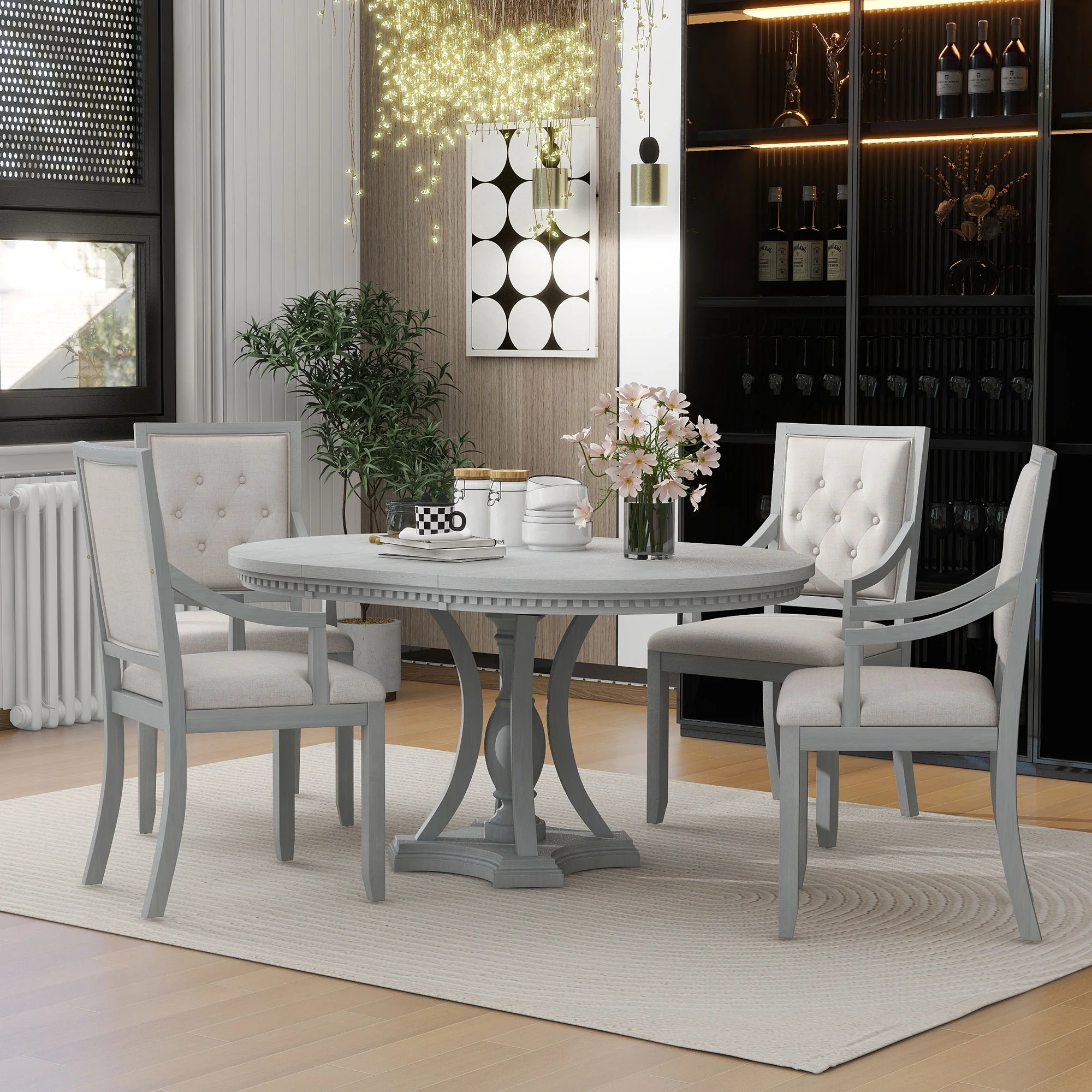 5 Piece Round Dining Table Set, Atumon Dining Room Set with Extendable Table and 4 Upholstered Chairs, Wood Dining Table Set for 4, Farmhouse Dining Table Set for Kitchen Dining Room Apartment, Gray