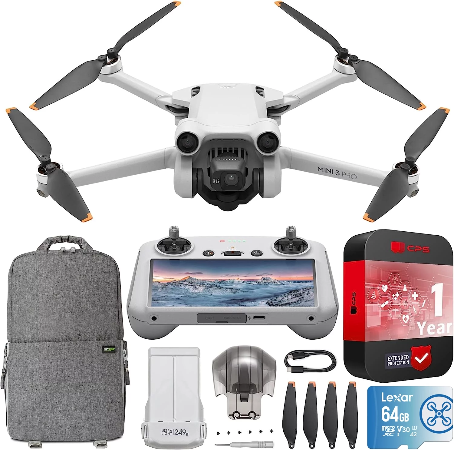 DJI Mini 3 Pro Camera Drone Quadcopter + RC Smart Remote Control (With Screen), 4K/60fps Video, 48MP Photo, 34min Flight Time, 3 Directional Obstacle Sensing Bundle w/ Deco Gear Backpack &Accessories