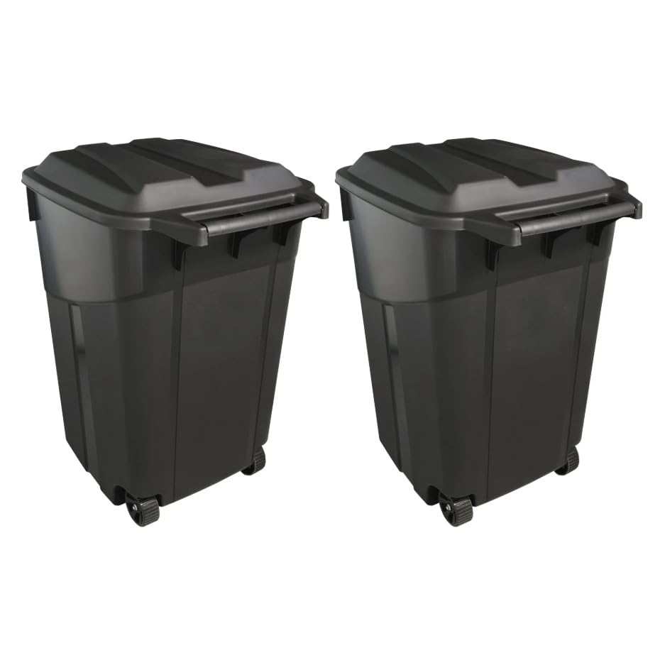 2 PCS 45 Gallon Heavy Duty Plastic Garbage Cans Trash Cans Rubbish Bin Attached Lid 2 Built in Rugged Wheels Easy Grip Handle Click Lock Lid Design Perfect for Both Indoor Or Outdoor Use