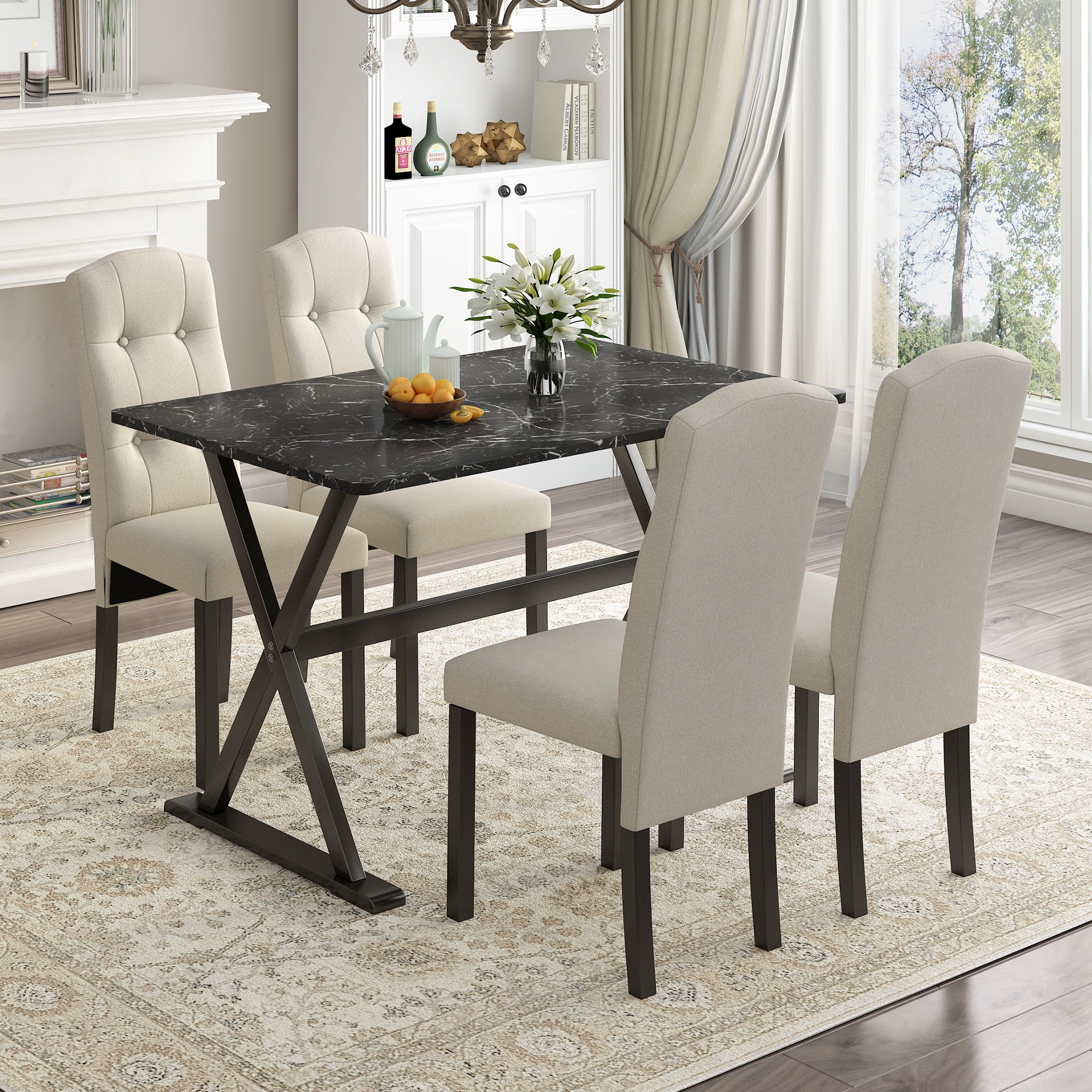 Dining Room Set for 4, KAMIDA 5 Piece Dining Set with Faux Marble Tabletop and 4 Upholstered Chairs, Wood Farmhouse Dining Room Set, 5 Piece Dining Table Set Furniture for Kitchen Dining Room, Black