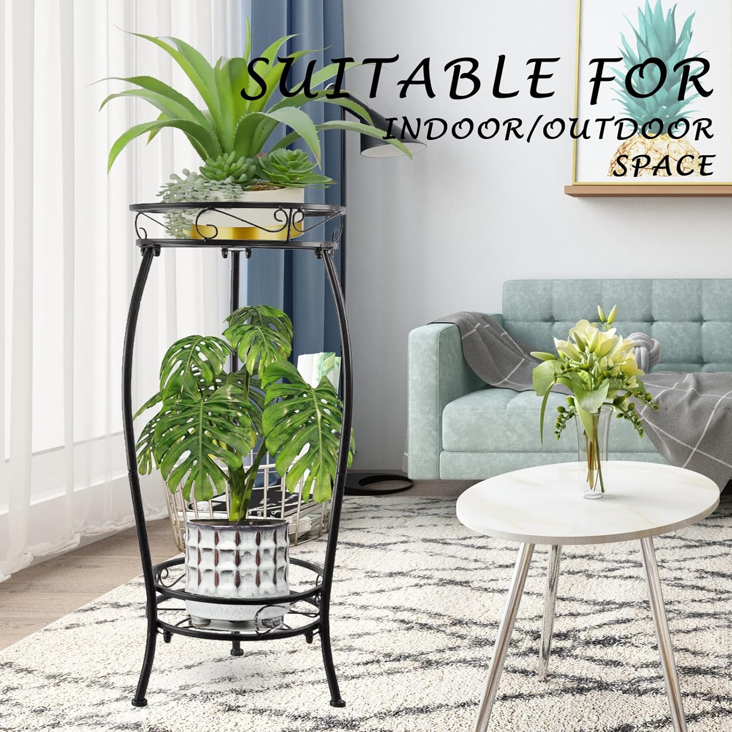 Plant Stand Indoor Outdoor, 2 Tier Tall Metal Plant Shelf Corner Display Rack, 27'' Potted Multiple Pot Holder Decorative Flower Stand for Corner, Patio, Balcony Garden