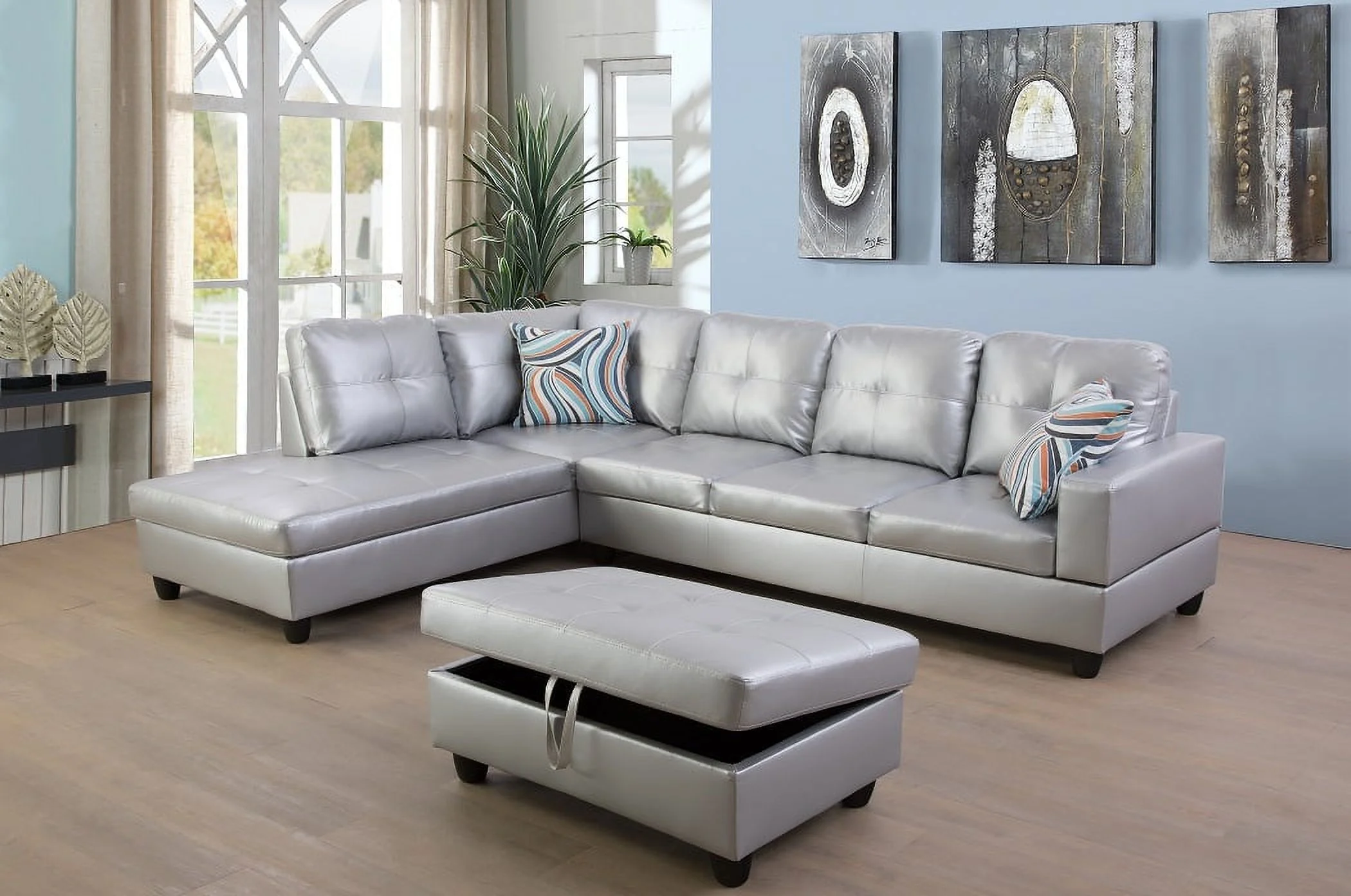 PonLiving Furniture Tyisha 103.5'' Sectional Sofa with Storage Ottoman, Left & Right Hand Facing, Leather Upholstered