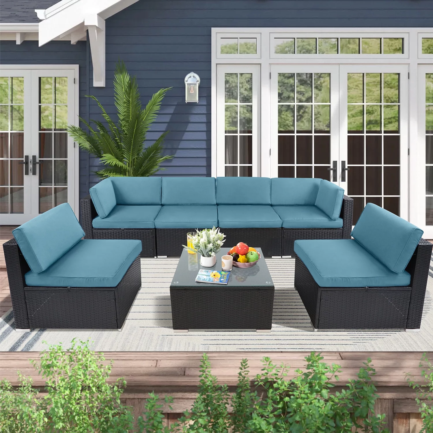 SUNCROWN 7-Pieces Outdoor Sectional Sofa Set Wicker Patio Furniture Conversation Set with Haze Blue Cushions