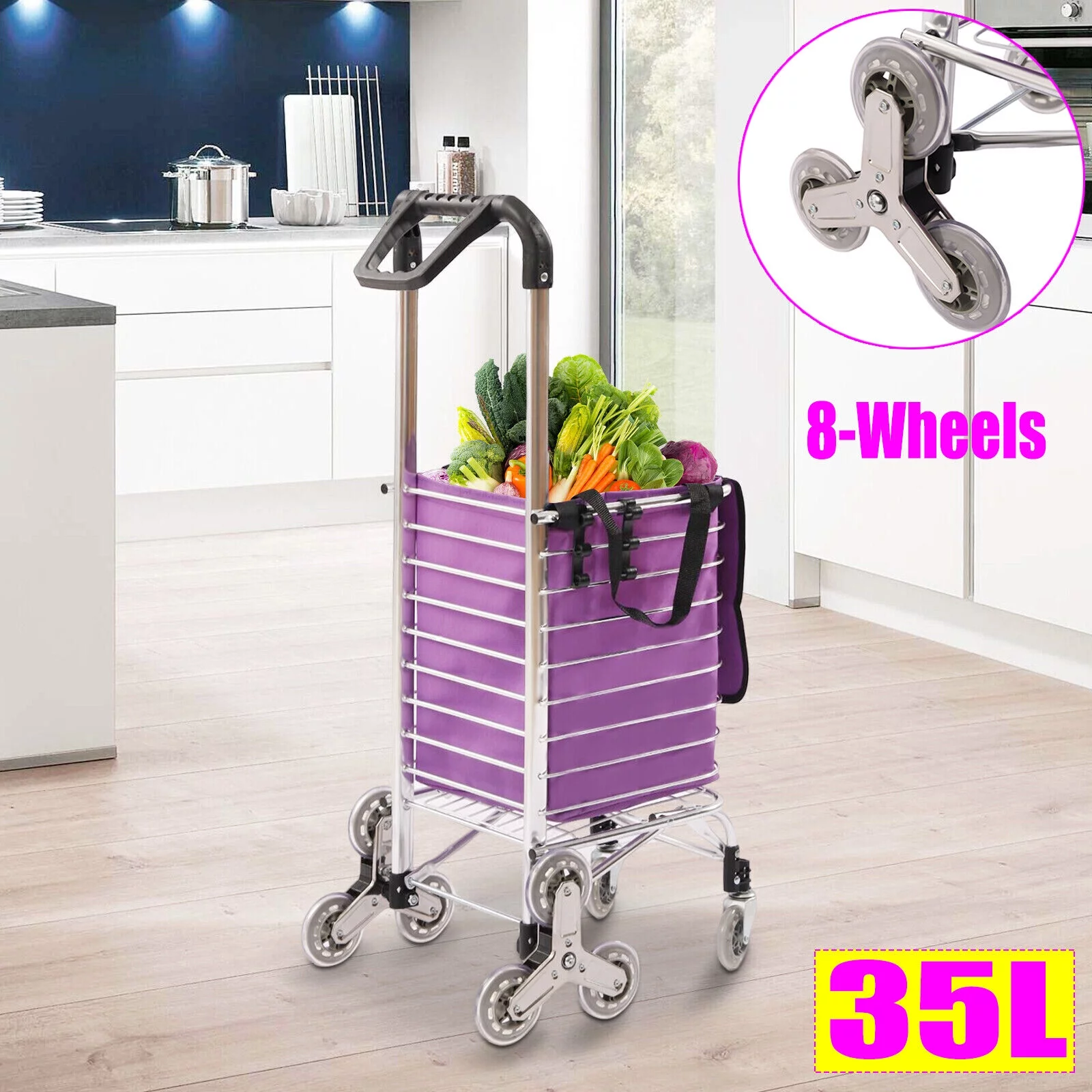 35L Folding Shopping Cart Grocery Trolley Laundry Stair Climbing Handcart W/Bag