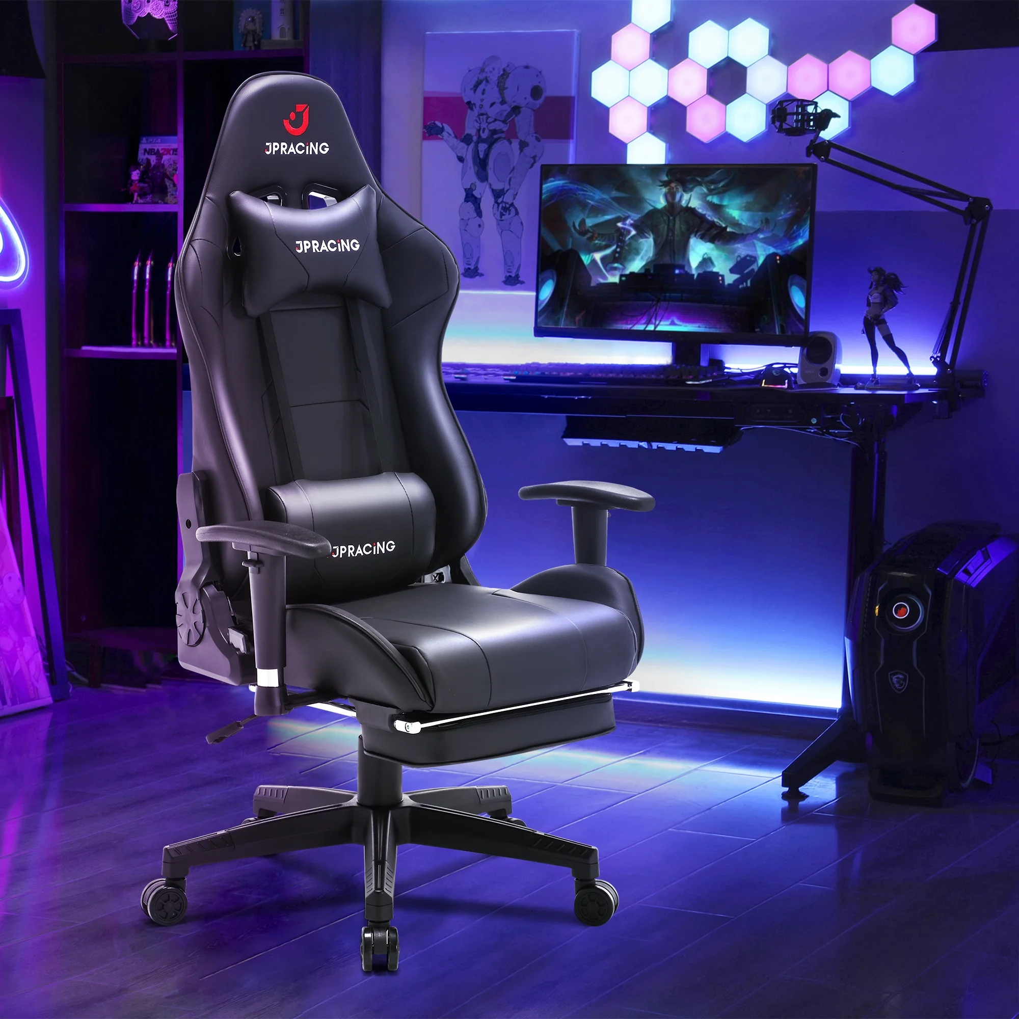 JONPONY Gaming Chair Office Chair PU Leather with Footrest & Adjustable Headrest, Black