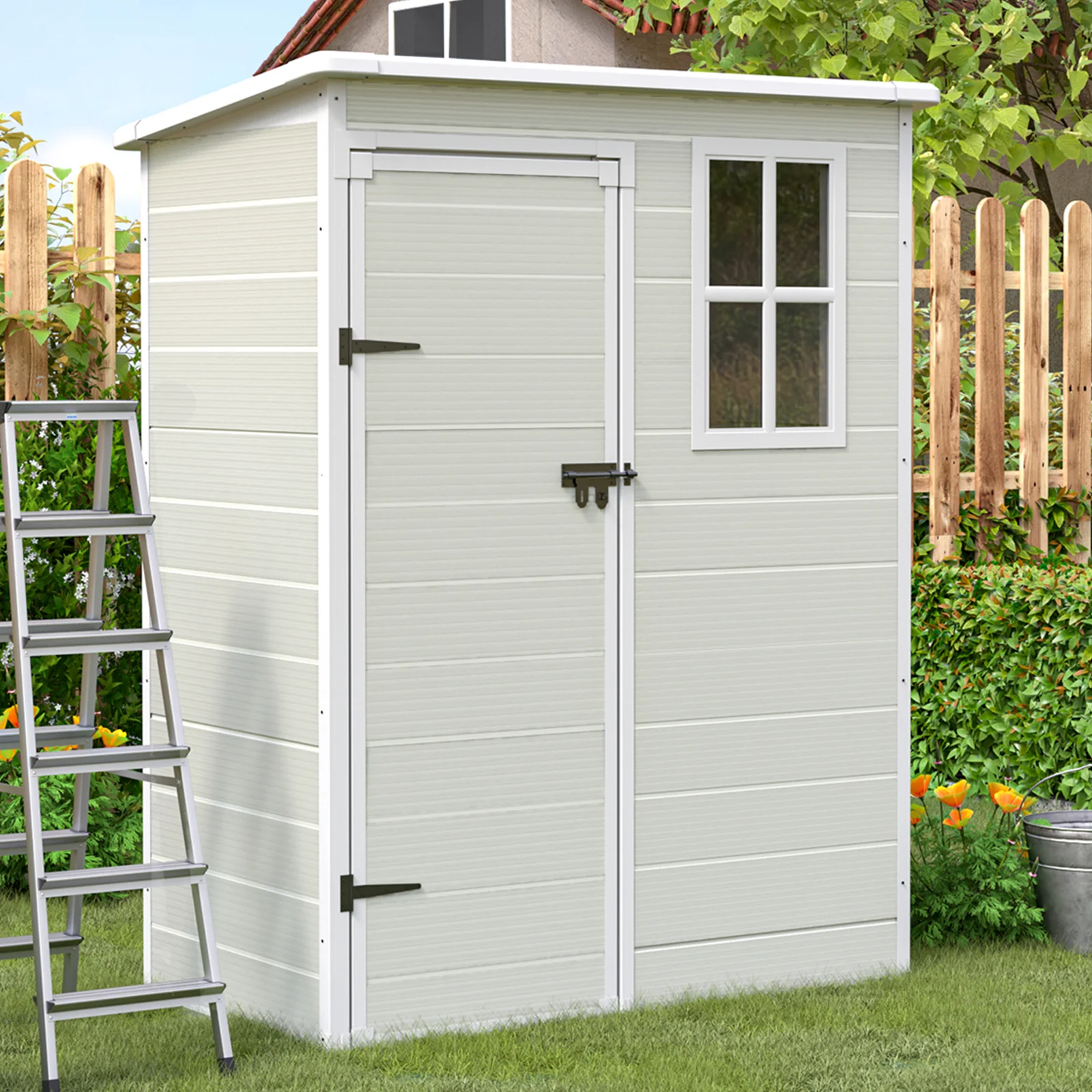 ECOPATIO Outdoor Storage Shed 5x3 FT, Resin Garden Shed for Bike, Garbage Can, Tool, Plastic Outside Sheds & Outdoor Storage Storage Box with Lockable Door for Backyard, Patio, Lawn, Sandstone