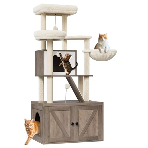 Cat Tree 59 Inch, 2-in-1 Cat Tower Multi-Level Durable Cat Scratching Sisal Post, Pet Play House Cat Condo, Multipurpose Litter Box Enclosure, Removable Washable Cushion for Cats, Grey White
