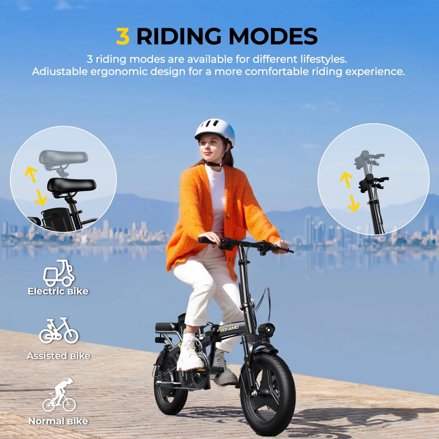 SOHAMO Electric Bike w/400W Motor and 48V 13Ah Removable Battery Folding Ebike for Adults and Teens, Full Suspension, 3 Levels Assist, 14