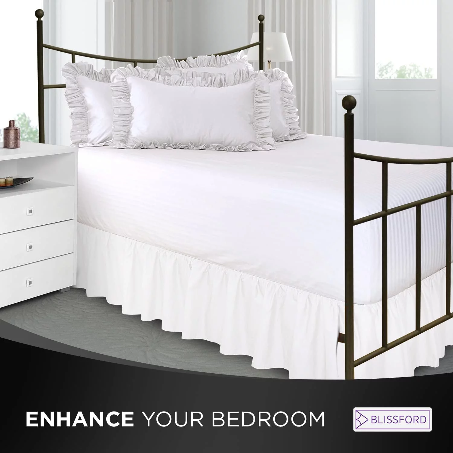 Ruffled Bed Skirt with Split Corners - Queen, White, 21