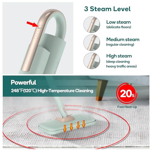 Newbealer Steam Mop & Detachable Handheld Cleaner, 250ml 1200W Powerful Floor Steamer, 3 Adjustable Levels for Carpet Laminate Hardwood Grout, Carpet Glider, 11 Multi-purpose Accessories & 2 Pads