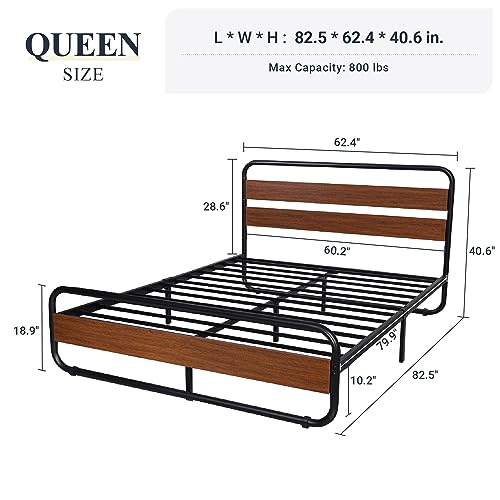 Allewie Full Size Metal Bed Frame with Curved Wood Headboard and Footboard, Heavy Duty Platform Iron Bed with Under-Bed Storage, Noise Free, No Box Spring Needed, Easy Assembly, Black