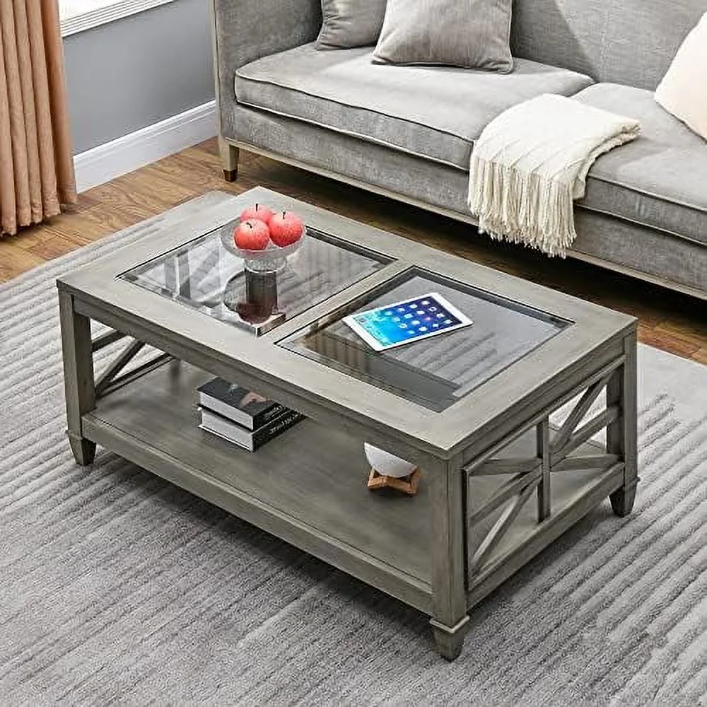 HOOMHIBIU for Living Room  Glass Top  Rustic Solid Wood Coffee Table with    Cocktail Table Center Table  45.5"x26"x19"  Rustic Brown KFZ-1318-DC