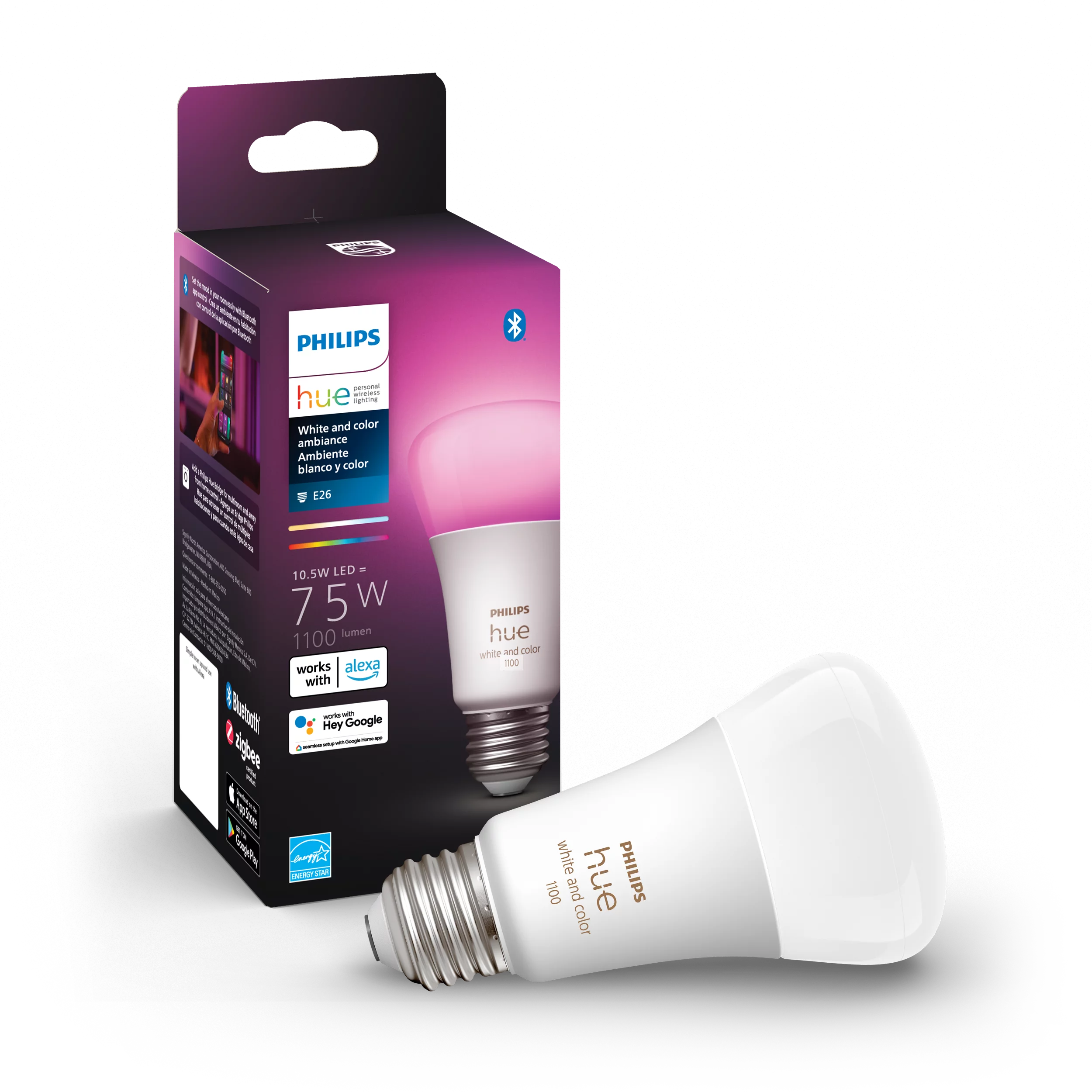 Philips Hue White and Color Ambiance A19 E26 Medium Base Smart Bulb 1 Pack, White