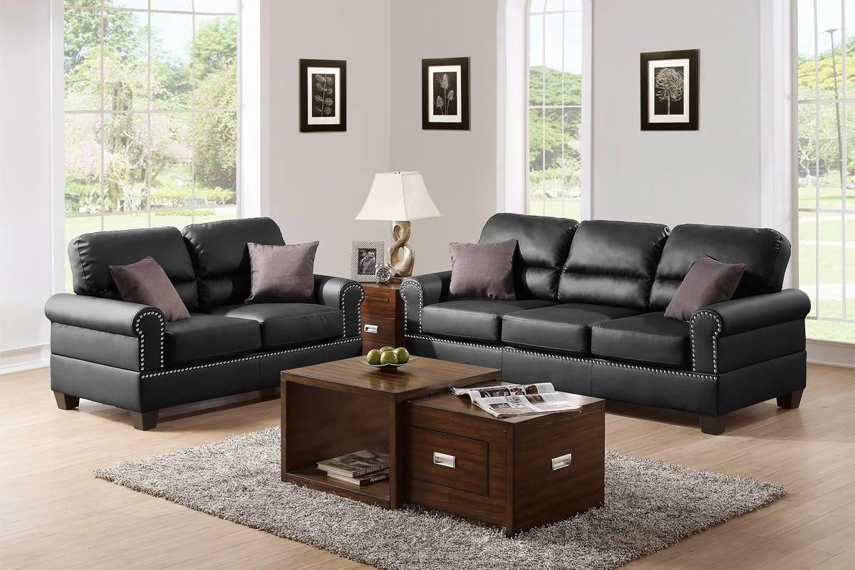 Modern 2pc Black Bonded Leather Sofa Set - Elevate Living Space