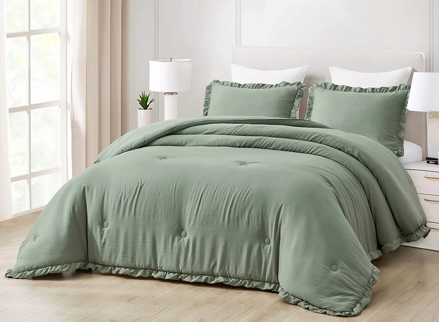 Chezmoi Collection Nora 3-Piece Sage Green Ruffled Edge Trim Microfiber Comforter Set, Oversized King Size