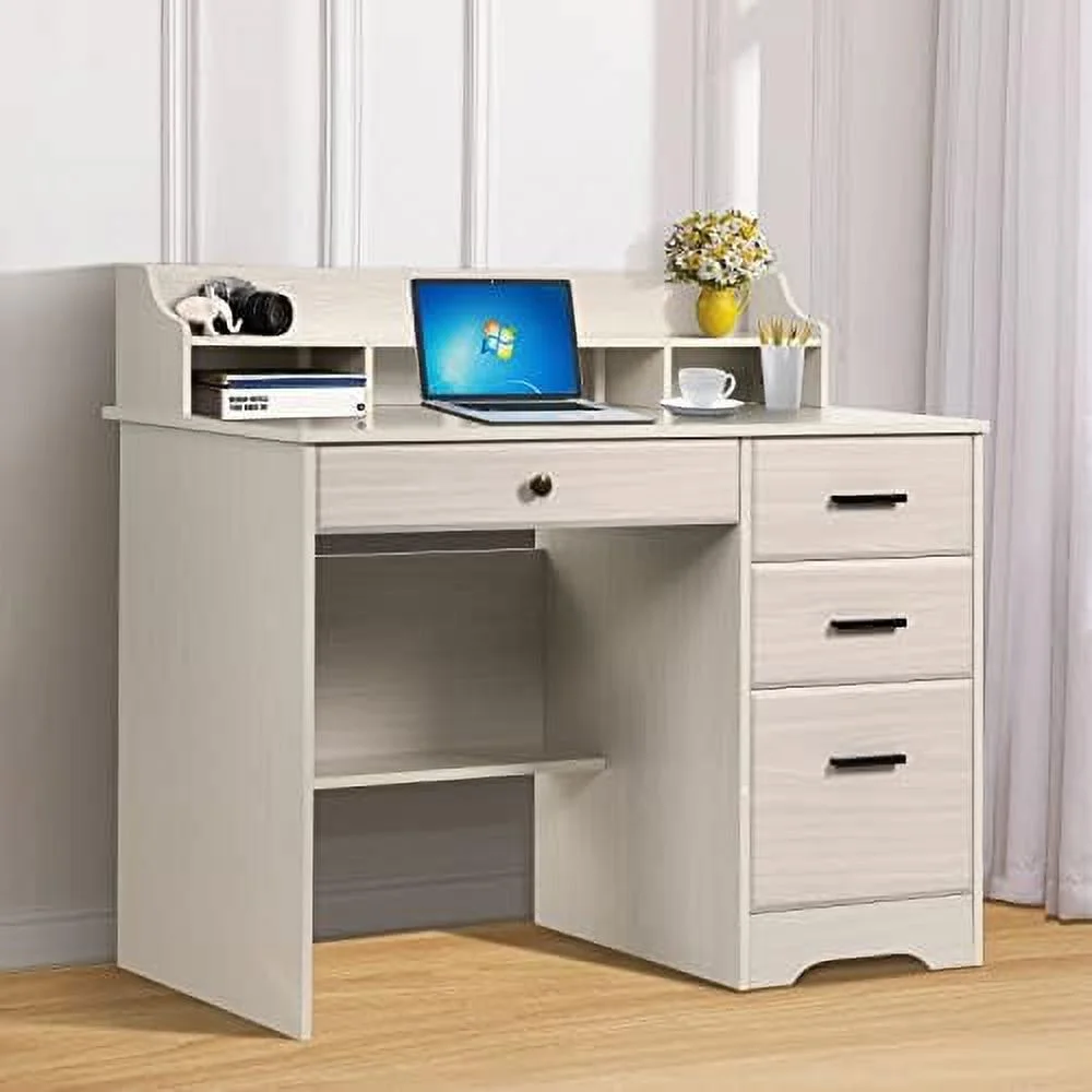 HJZUINIUNIU Computer Desk with 4 Drawers and   Small Office Desk with File Drawers and Hutch  Farmhouse Wood Writing Student Table for Home Office  Bedroom  Rustic Oak