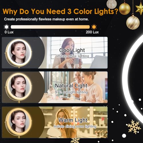 Lighted Makeup Mirror, 3000 mAh Rechargeable Double Sided Magnifying Mirror with 3 Colors, 1x/10x 360° Rotation Vanity Mirror, Brightness Adjustable Magnification Cosmetic Light up Mirror, Women Gift