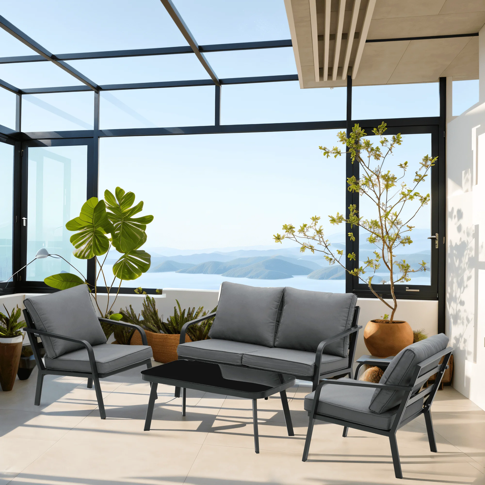 Ainfox Aluminum Patio furniture Set on Clearance, Outdoor Sectional Sofa with Loveseat Single Chairs Coffee Table for 4 Persons, Grey