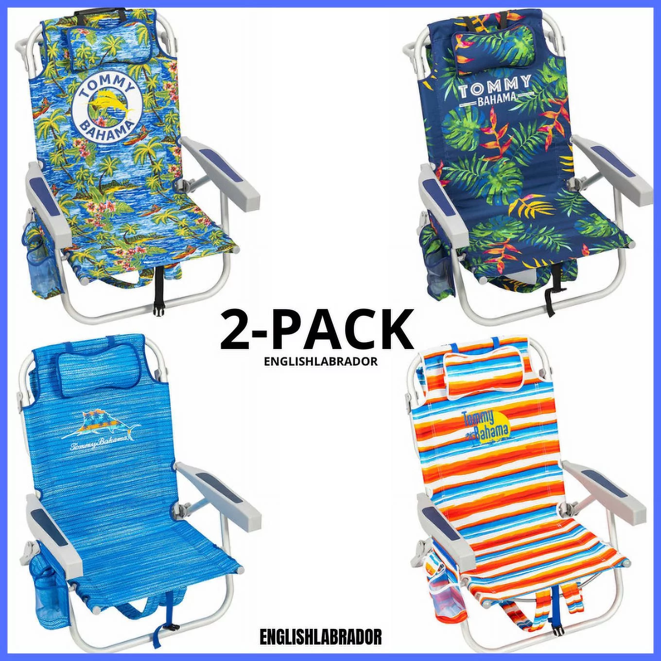 2-Pack Tommy Bahama Beach Chair Lay Flat, Reclining, Adjustable, Storage, NEW