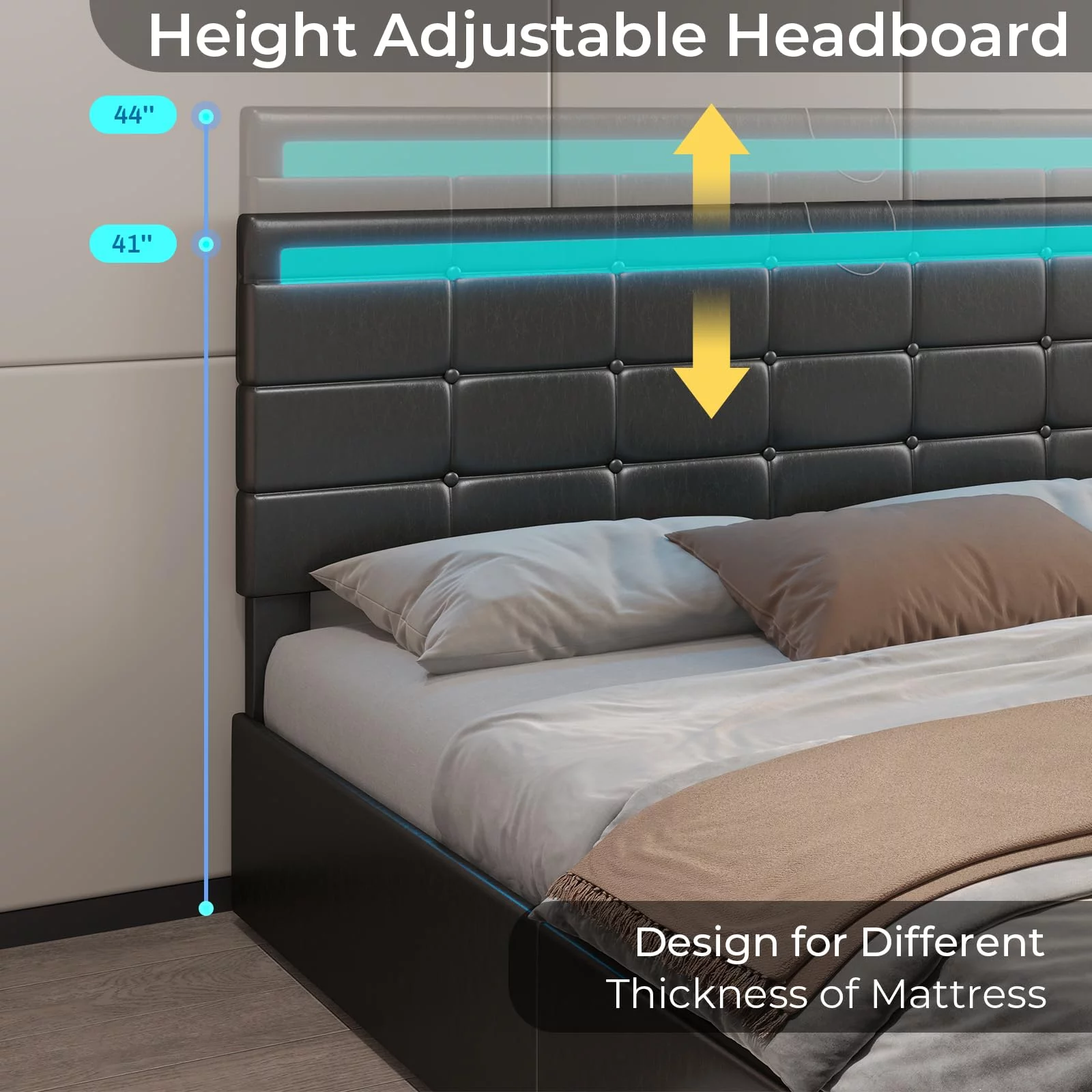 DICTAC Queen Size Upholstered Platform Bed Frame with Storage Drawers, 2 USB Potrs, LED Lights Headboard Footboard, No Box Spring Needed, Black