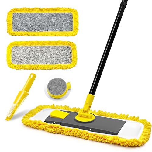 Dust Mop with Microfiber & Chenille Pads, Dry Wet Flat Mop for Cleaning Hard Wood Laminate Tile Vinyl Kitchen Bathroom Home (Yellow)