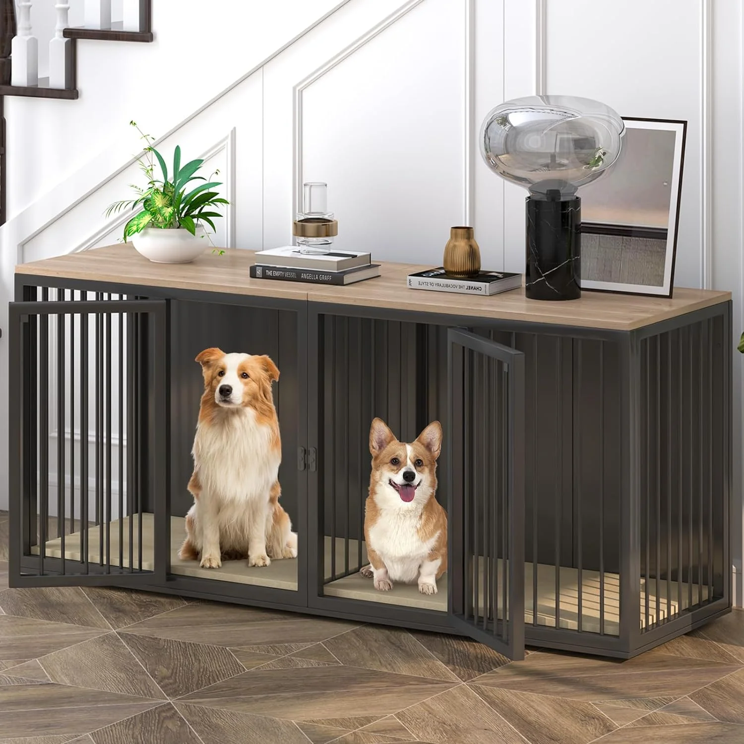 Cuoote Dog Crate Furniture for 2 Dogs, Large Kennel Furniture with Partition and Double Cage, 71.6