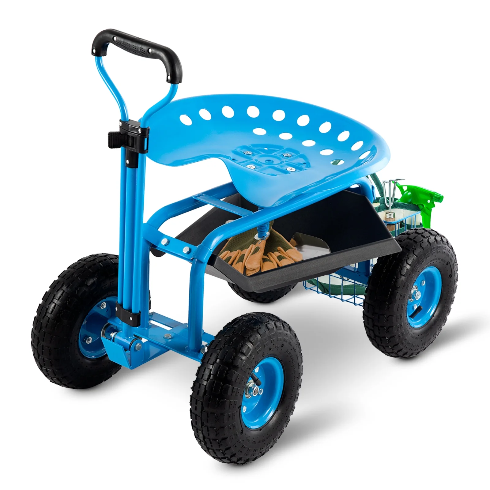 Rolling Garden Tool Cart with Seat Heavy Duty Scooter with Handle and Storage for Seniors Garden Cart on Wheel,Blue