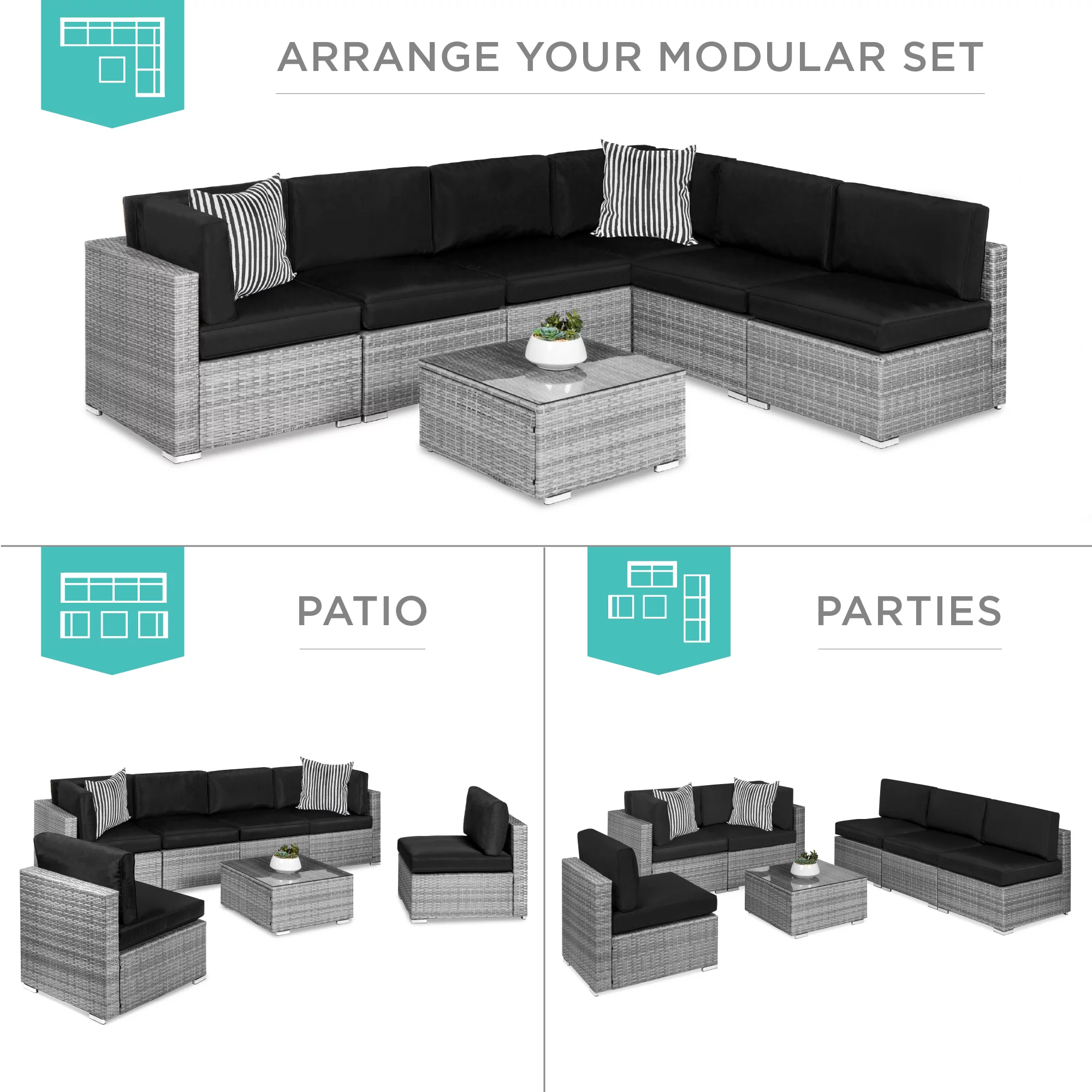 Best Choice Products 7-Piece Modular Outdoor Wicker Patio Conversation Furniture Set Sectional Sofa - Gray/Black