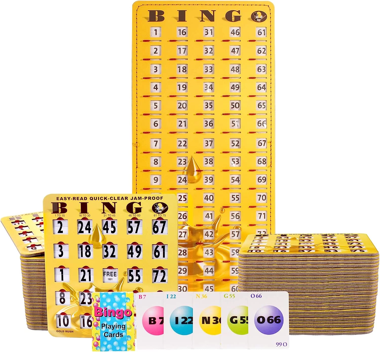 MR CHIPS Jam-Proof Bingo Cards with Sliding Windows - 50 Reusable Shutter Bingo Cards - 75 Bingo Calling Cards - 1 Bingo Master Board - Gold Rush Style
