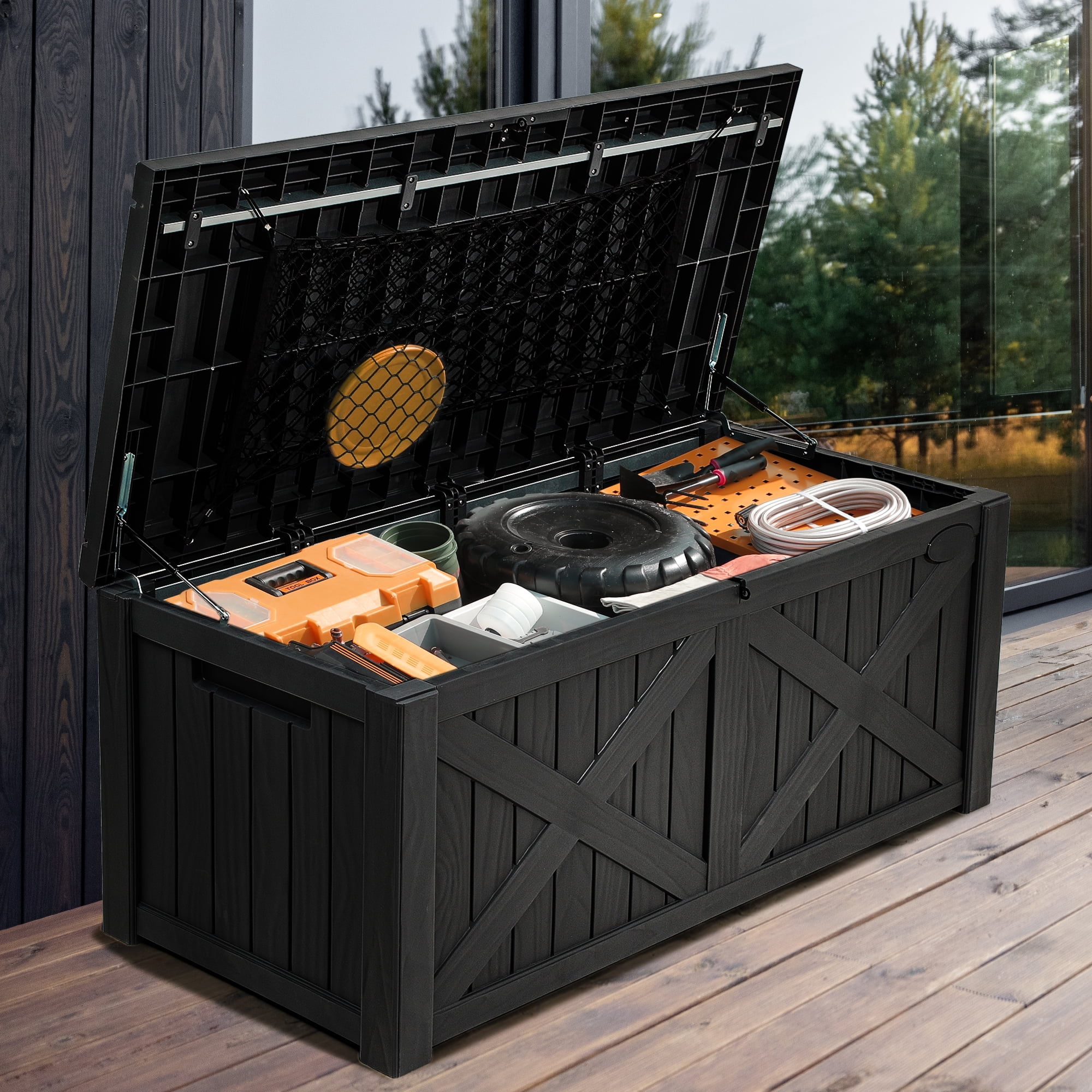 Dextrus 120 Gallon Large Patio Deck Box, Upgraded Resin Outdoor Storage Boxes w/Flexible Divider & Storage Net, Waterproof&Lockable, Black