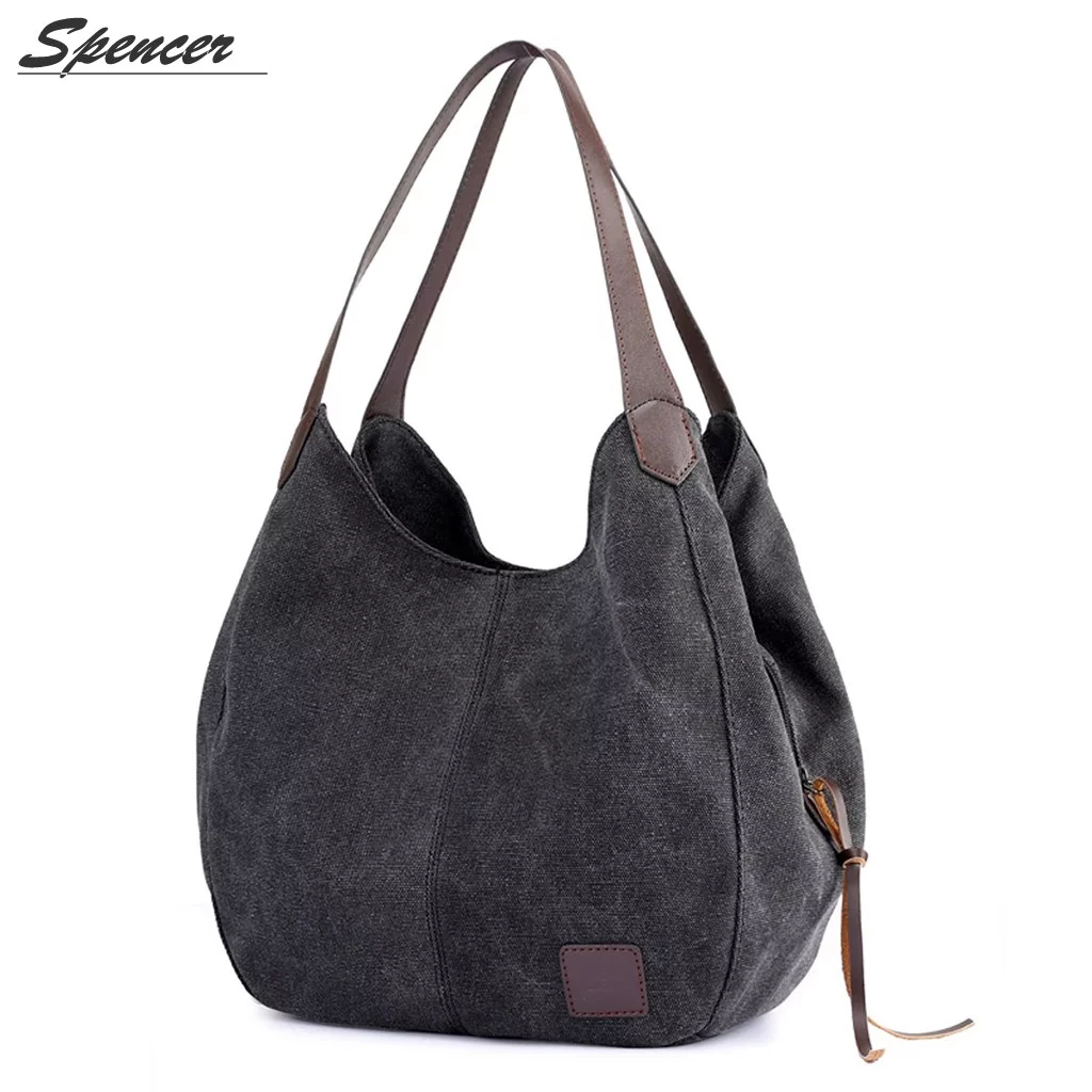 Spencer Women's Multi-pocket Shoulder Bag Fashion Cotton Canvas Handbag Tote Purse Satchel Travel Bag 