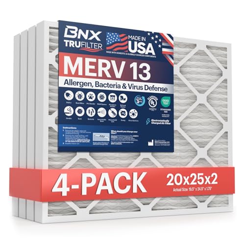 BNX TruFilter 16x25x1 Air Filter MERV 13 (4-Pack) - MADE IN USA - Electrostatic Pleated Air Conditioner HVAC AC Furnace Filters for Allergies, Pollen, Mold, Bacteria, Smoke, Allergen, MPR 1900 FPR 10