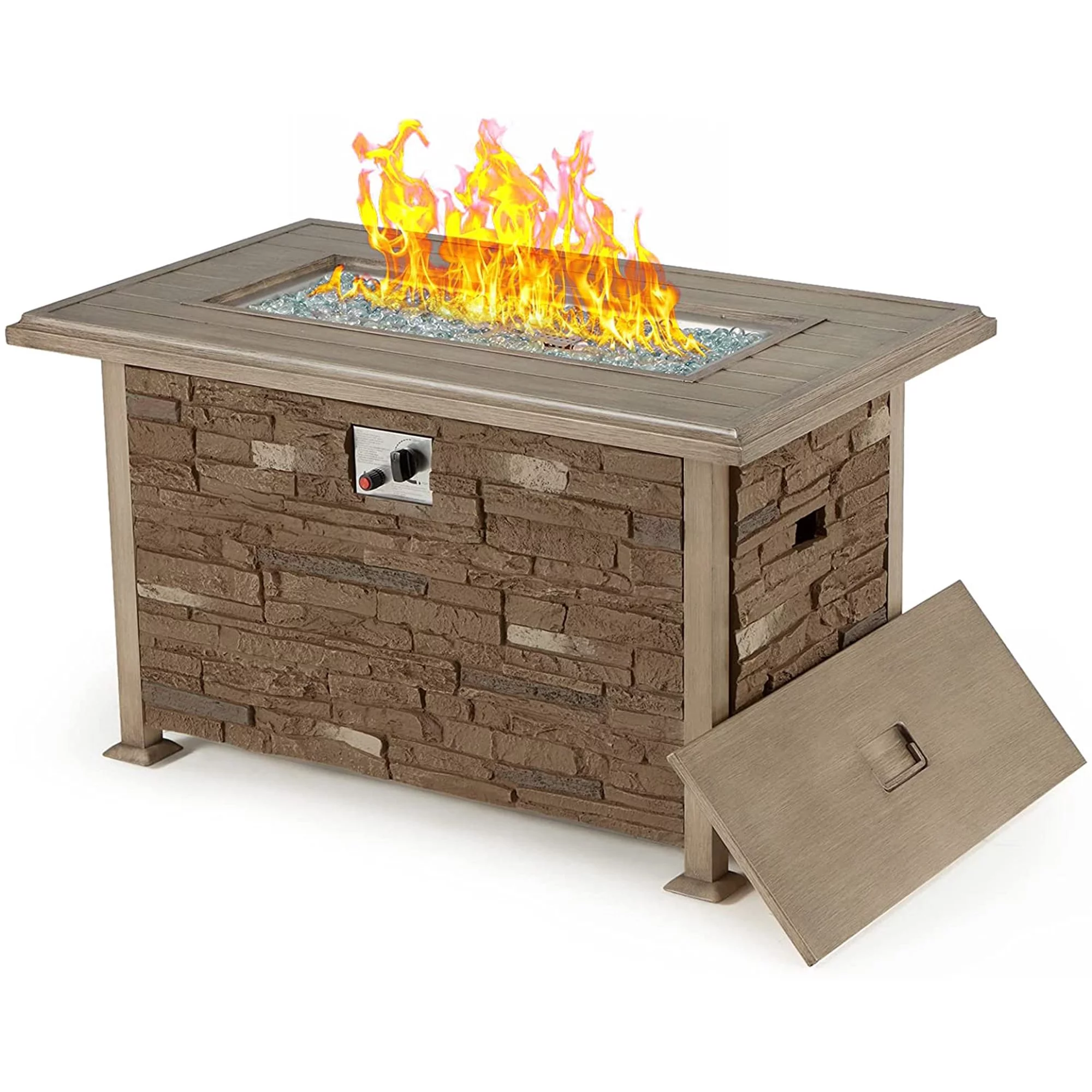 Vicluke 44 inch Aluminum Propane Fire Pit Table with Faux Ledgestone, Hand-Painted Table Top, 50,000 BTU Gas Fire Table with CSA Certification, Waterproof Cover, Glass Rock for Outdoor, Patio(Coffee)